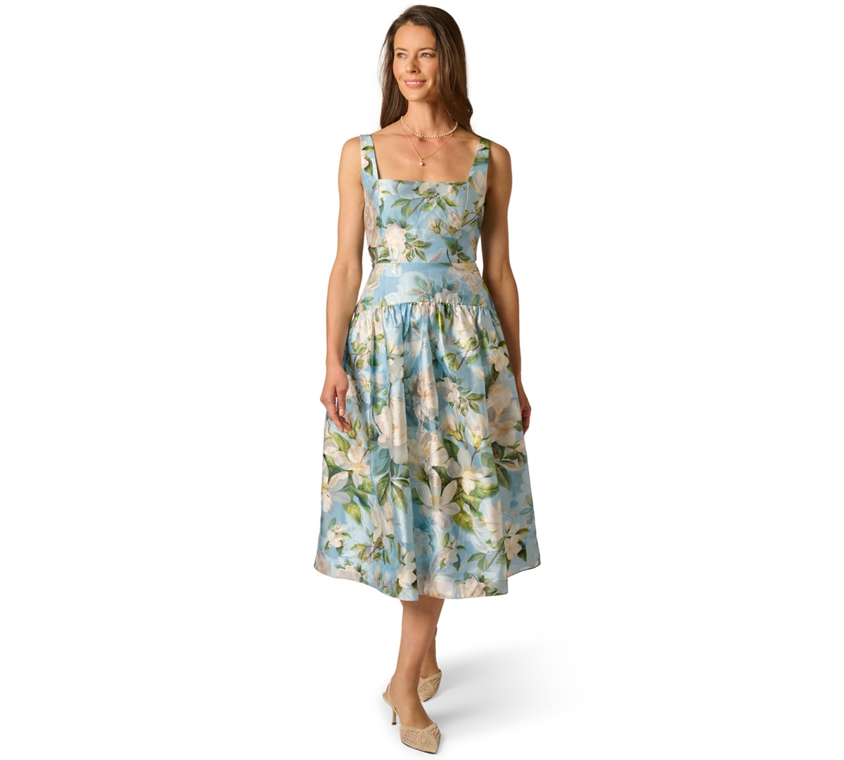 Adrianna Papell Women’s Shirred Square Neck Midi Dress – BLUE MULTI
