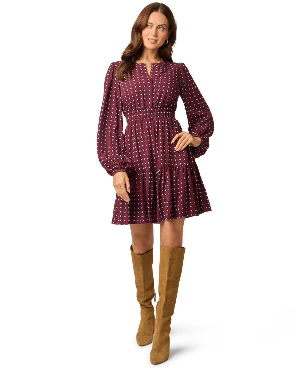 Adrianna Papell Women’s Sophia Long-Sleeve A-Line Split Neck Dress – Cherry Multi Adrianna Papell Women’s Sophia Long-Sleeve A-Line Split Neck Dress – Cherry Multi