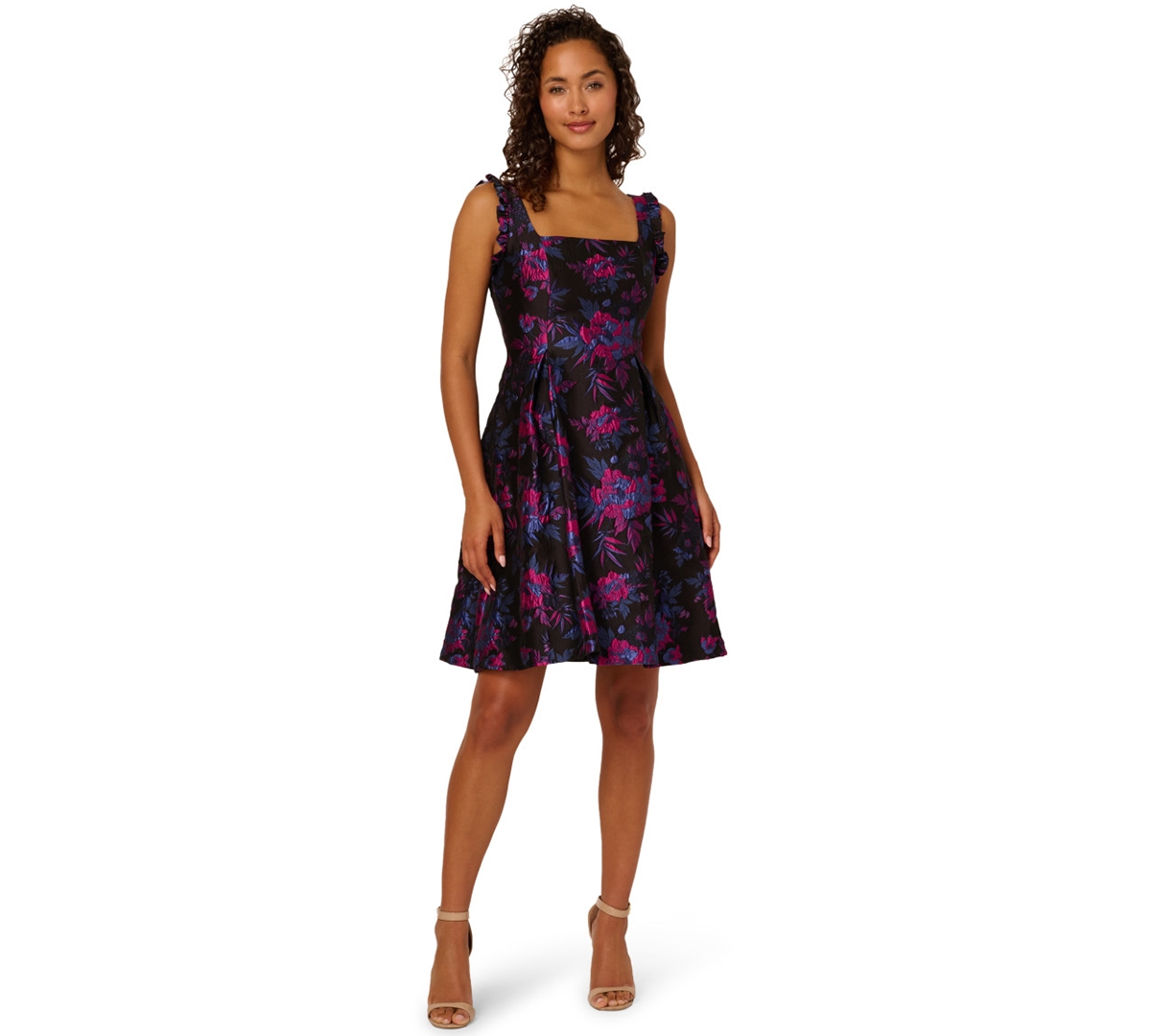 Adrianna Papell Women’s Square Neck Ruffle Sleeve Midi Dress – BLACK/ PINK MULTI Adrianna Papell Women’s Square Neck Ruffle Sleeve Midi Dress – BLACK/ PINK MULTI