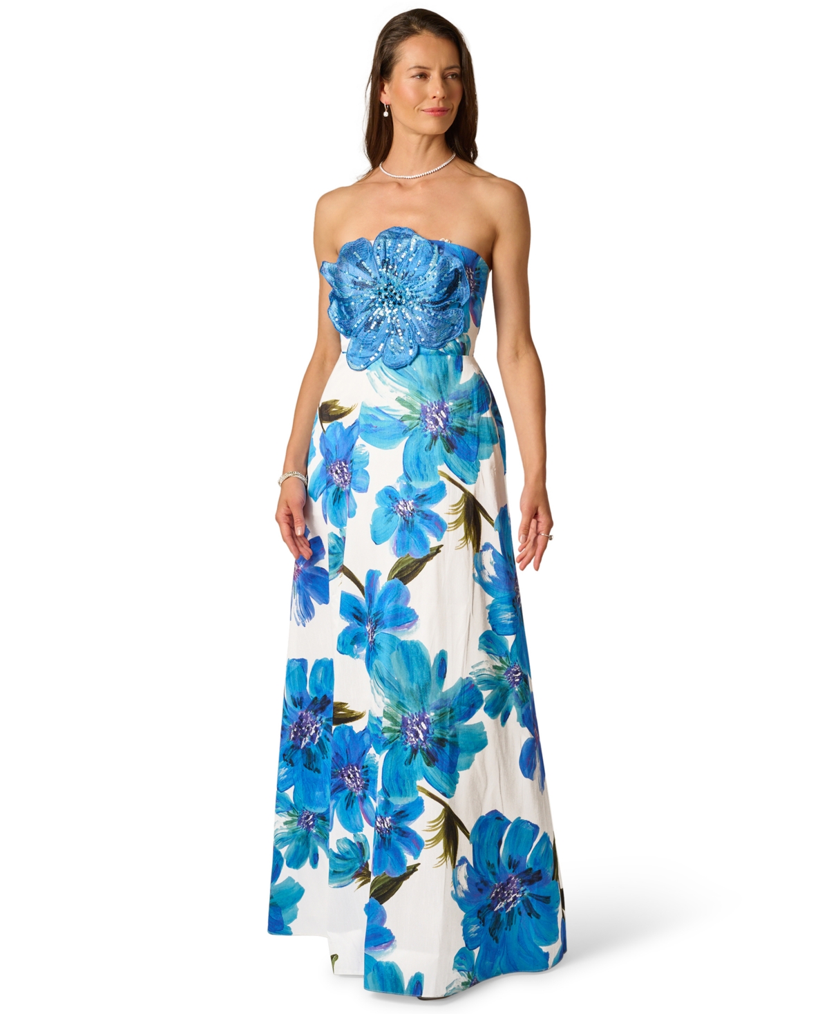 Adrianna Papell Women’s Square Neck Strapless Floral Dress – Ivory/Blue Multi Adrianna Papell Women’s Square Neck Strapless Floral Dress – Ivory/Blue Multi