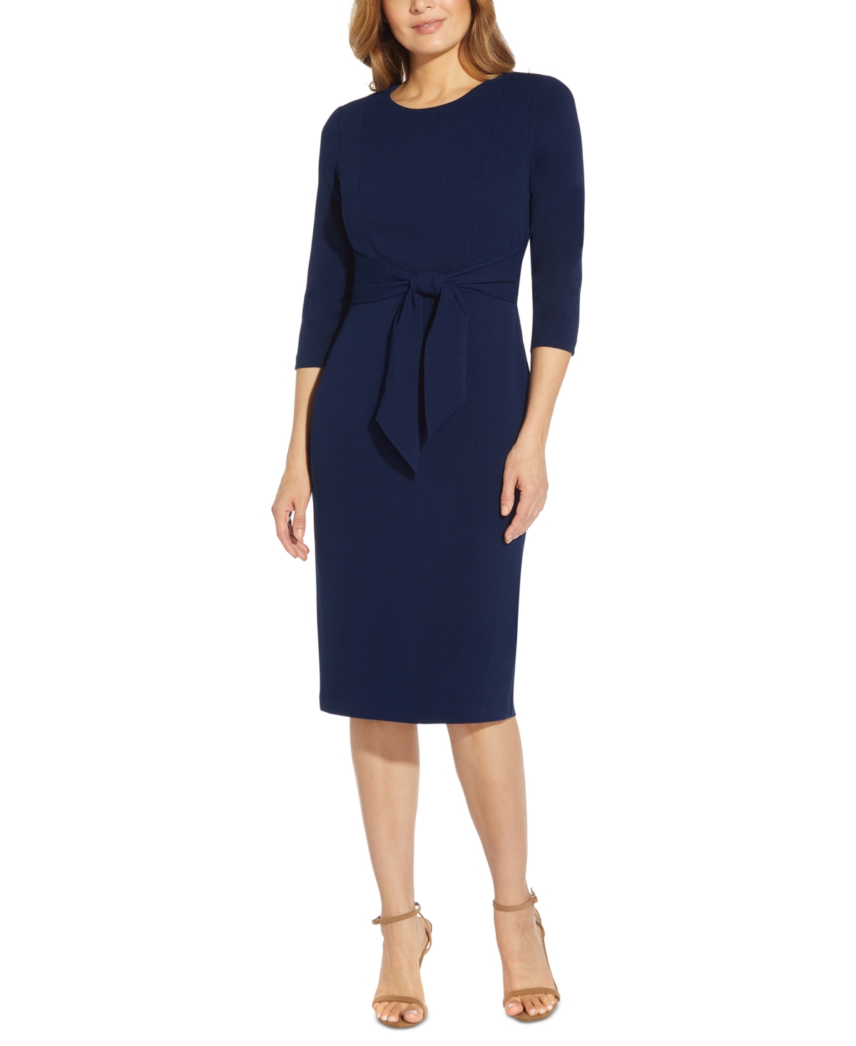 Adrianna Papell Women’s Tie-Front 3/4-Sleeve Crepe Knit Dress – Navy Sateen