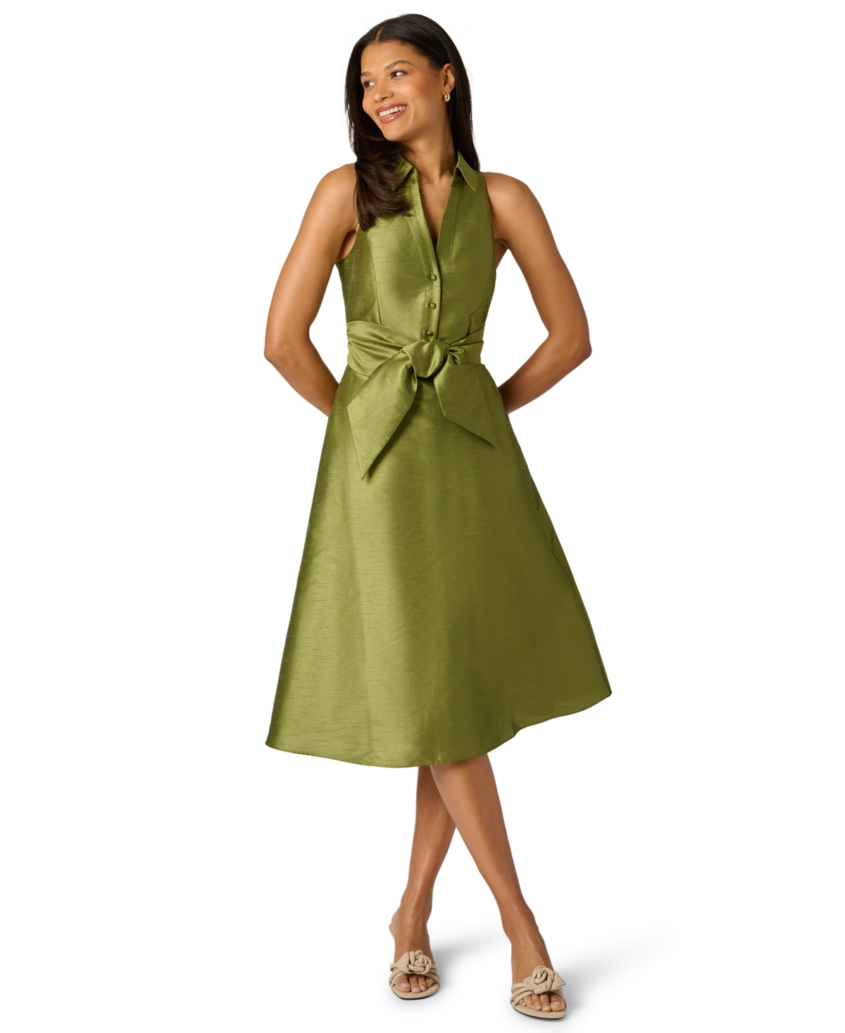 Adrianna Papell Women’s Tie-Front Midi Dress – Olive