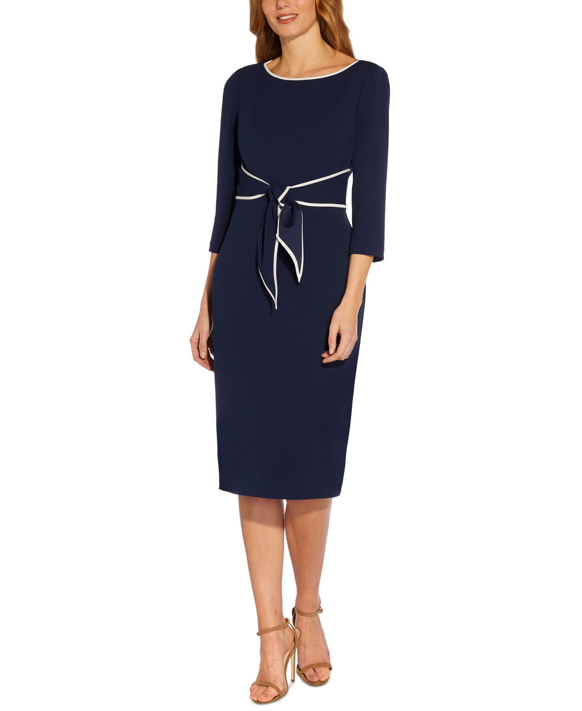 Adrianna Papell Women’s Tipped Tie-Front 3/4-Sleeve Dress – Navy Sateen/Ivory Adrianna Papell Women’s Tipped Tie-Front 3/4-Sleeve Dress – Navy Sateen/Ivory