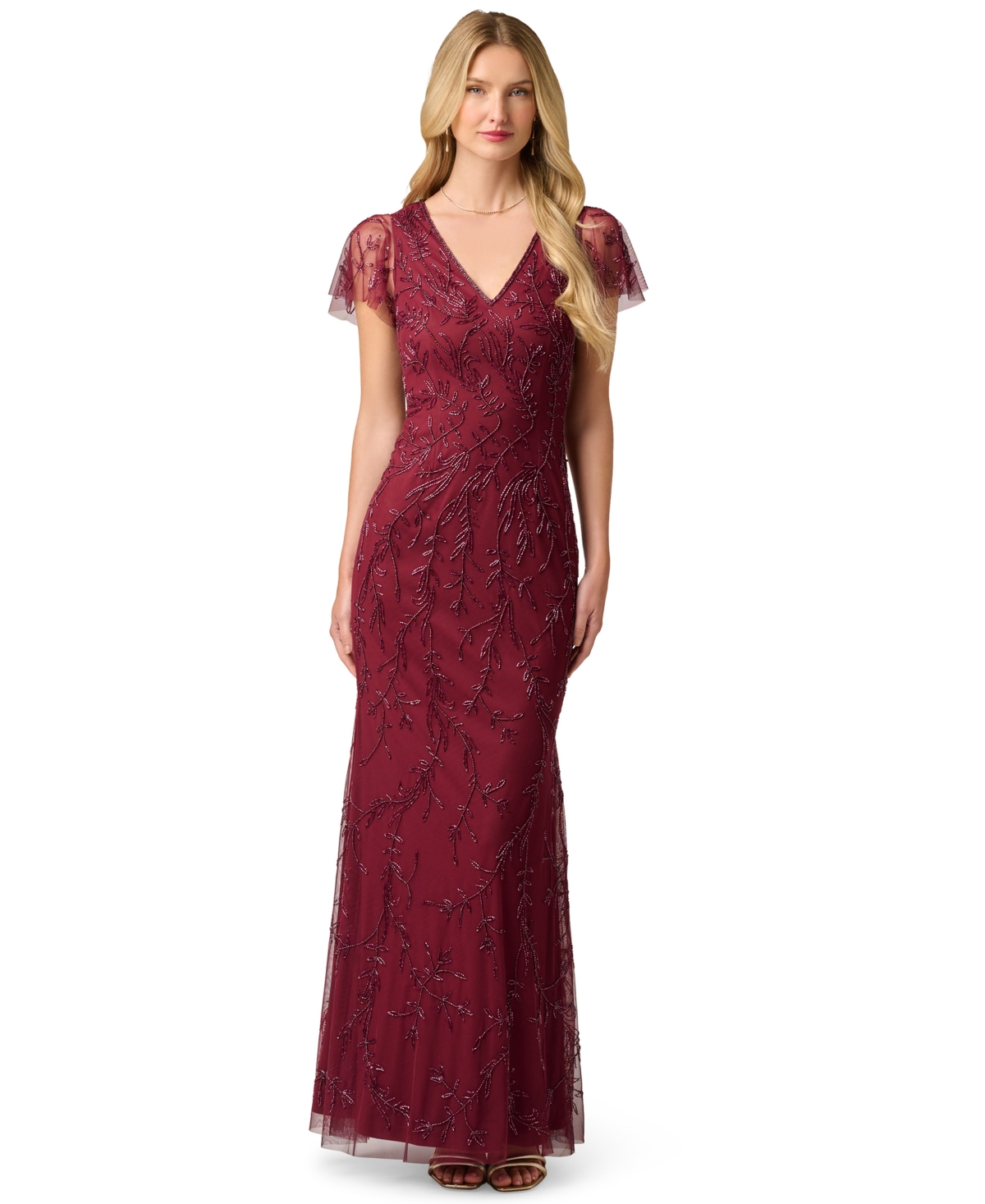 Adrianna Papell Women’s V-Neck Bead Mesh Dress – Mahogany Adrianna Papell Women’s V-Neck Bead Mesh Dress – Mahogany