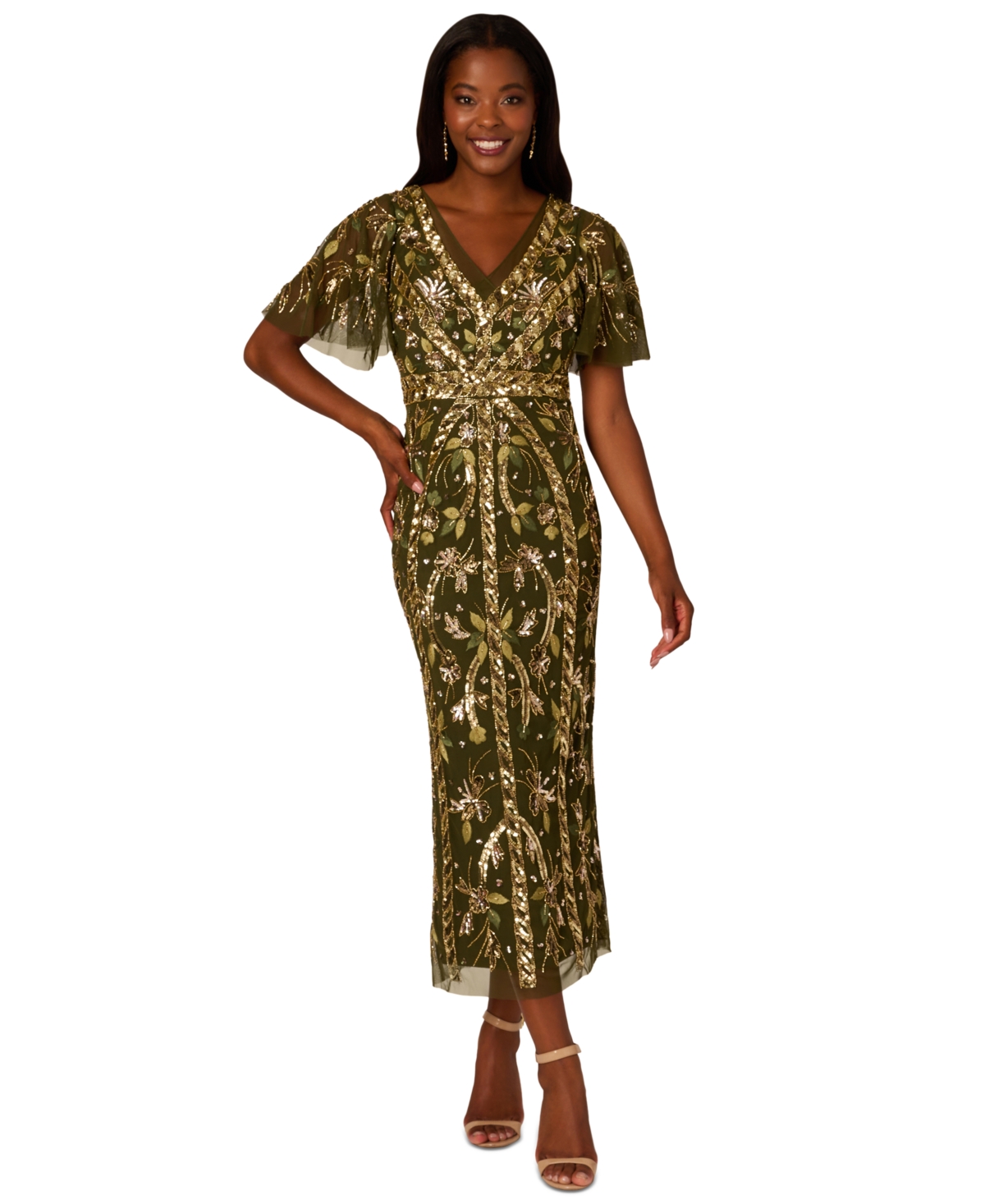Adrianna Papell Women’s V-Neck Embellished Flutter-Sleeve Dress – Olive