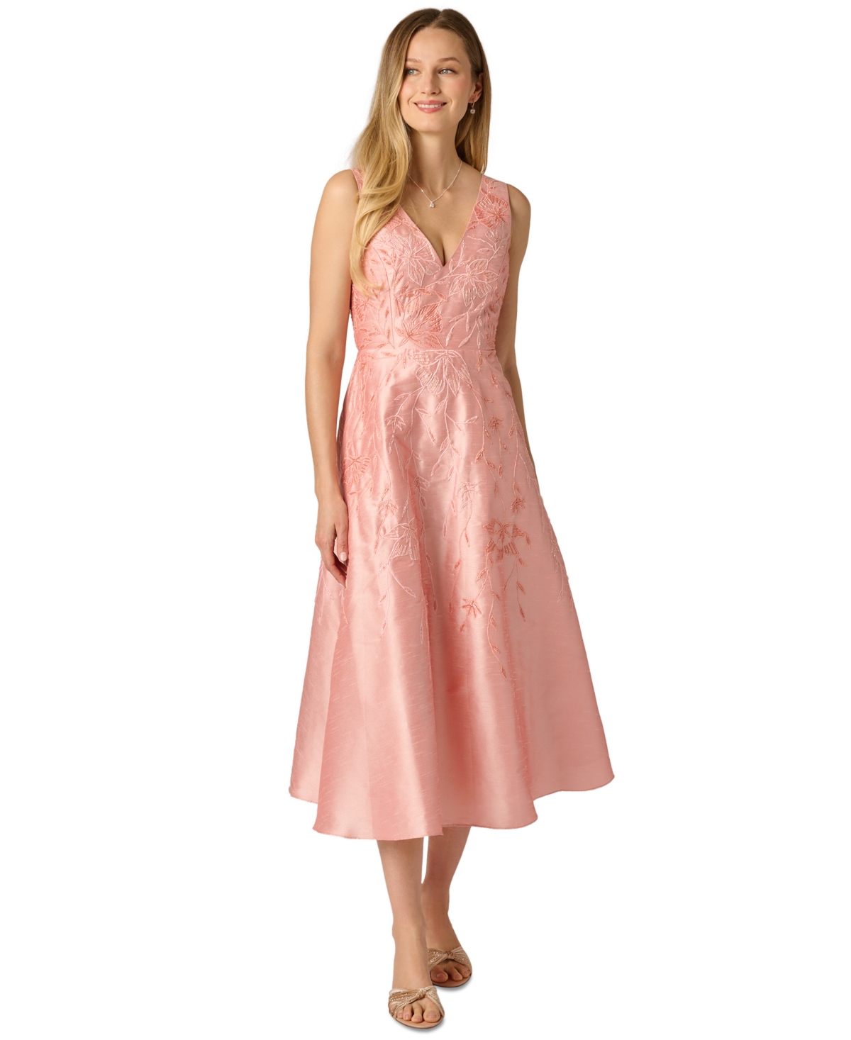 Adrianna Papell Women’s V-Neck Embroidered Dress – Light Pink