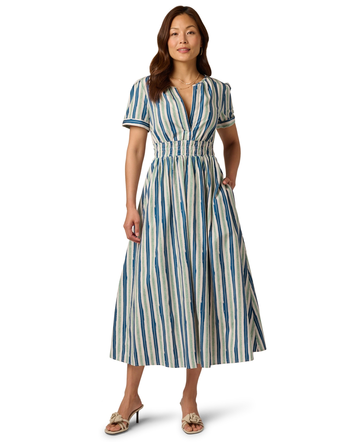 Adrianna Papell Women’s V-Neck Midi Dress – Green/Navy