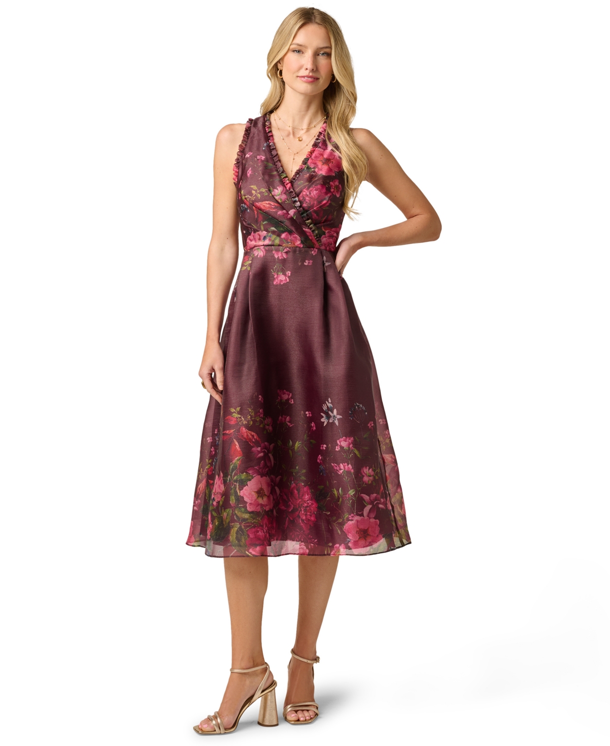 Adrianna Papell Women’s V-Neck Printed Organza Midi Dress – Burgundy