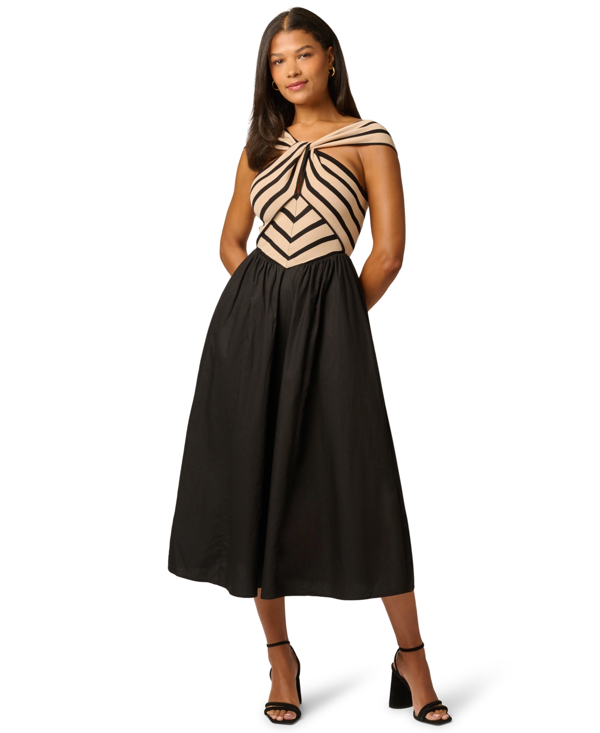 Adrianna Women’s Halter-Neck Stretch Midi Dress – Black/ecru