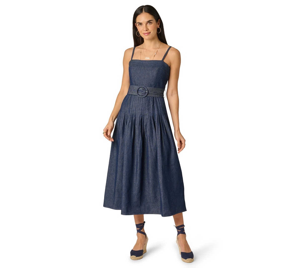 Adrianna Women’s Pintucked Square Neck Cotton Denim Midi Dress – DARK DENIM Adrianna Women’s Pintucked Square Neck Cotton Denim Midi Dress – DARK DENIM