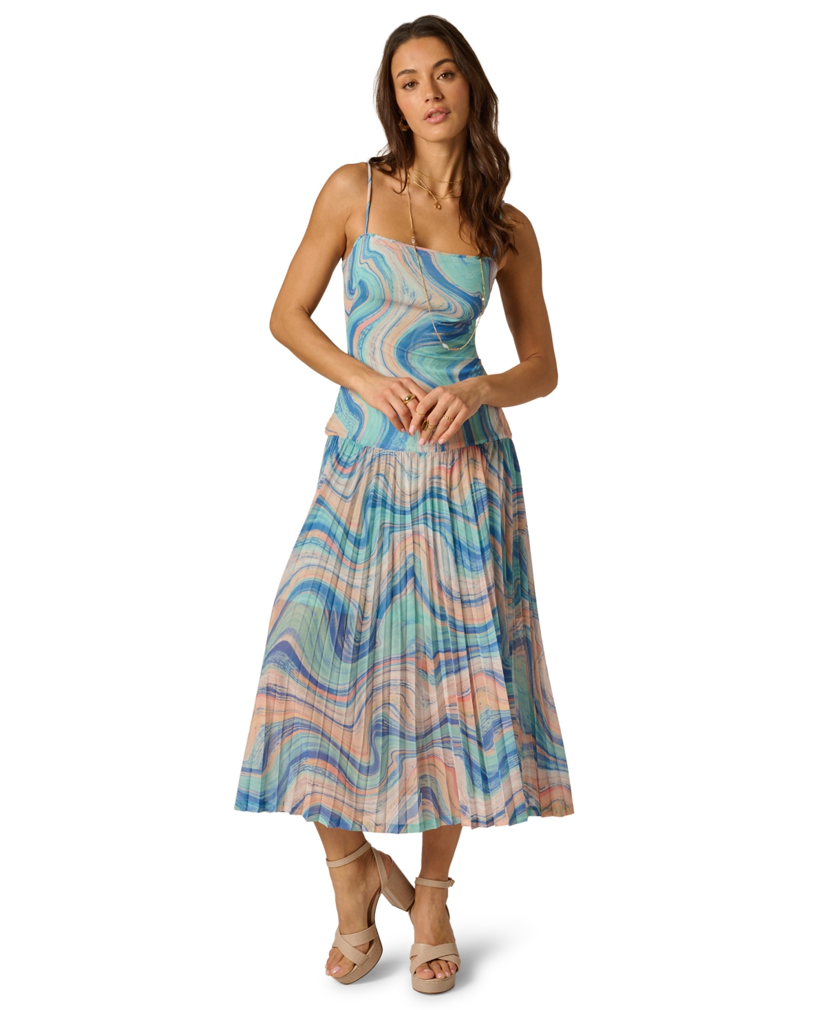 Adrianna Women’s Pleated Skirt Printed Midi Dress – Blue Multi Adrianna Women’s Pleated Skirt Printed Midi Dress – Blue Multi