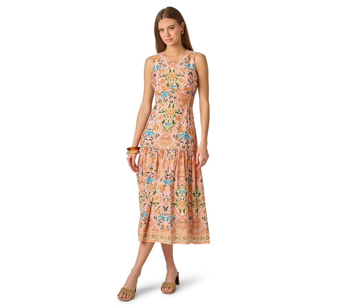 Adrianna Women’s Printed Sleeveless Crewneck Petal Trim Midi Dress – PEACH MULTI Adrianna Women’s Printed Sleeveless Crewneck Petal Trim Midi Dress – PEACH MULTI