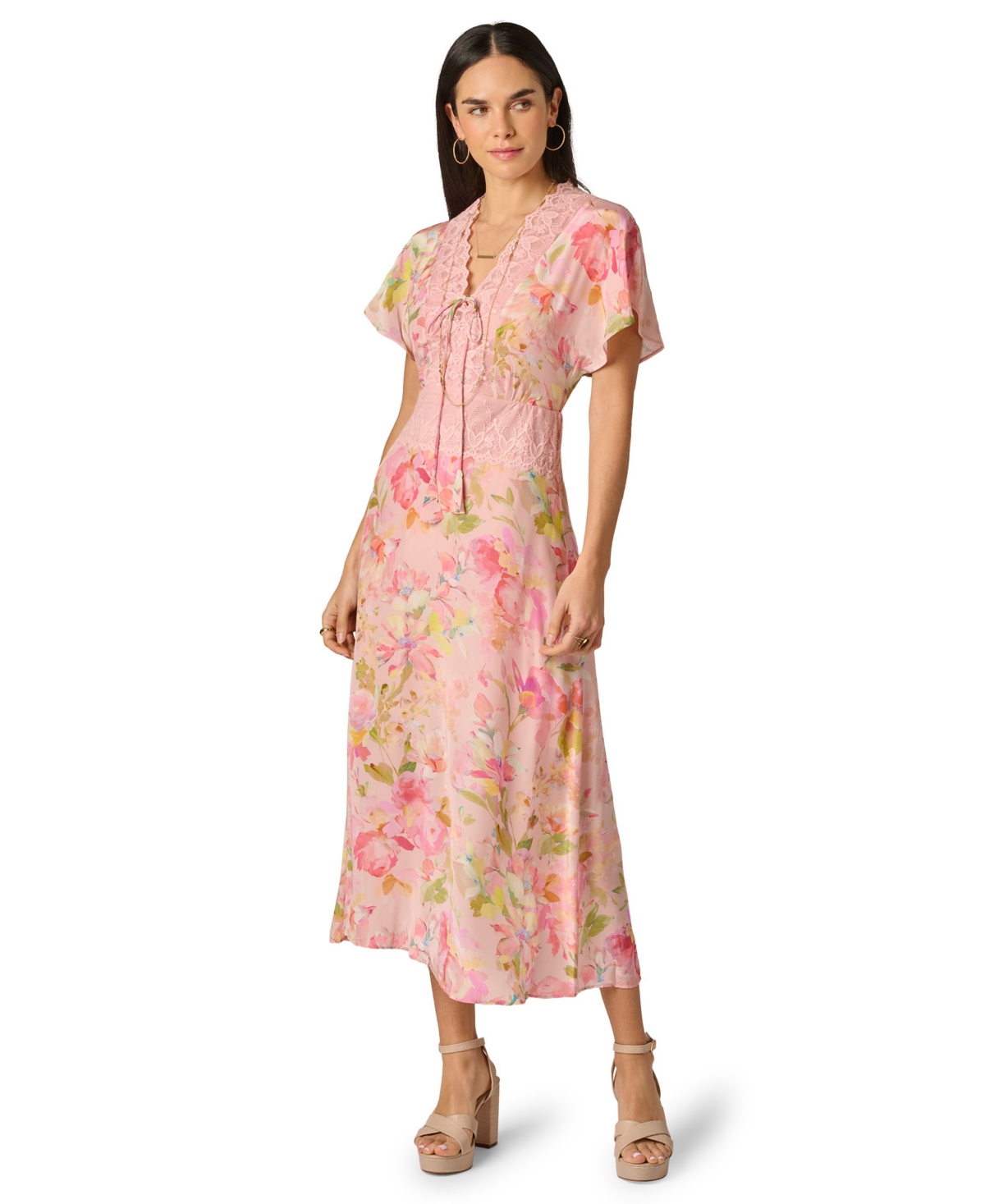 Adrianna Women’s Printed V-Neck Lace Trimming Satin Dress – PINK MULTI Adrianna Women’s Printed V-Neck Lace Trimming Satin Dress – PINK MULTI
