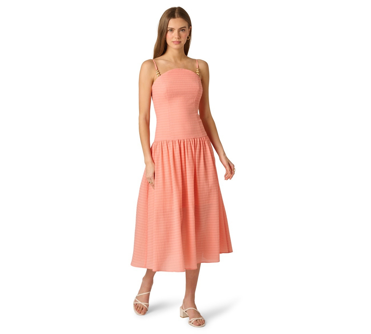 Adrianna Women’s Seersucker Square Neck Midi Dress – CORAL Adrianna Women’s Seersucker Square Neck Midi Dress – CORAL