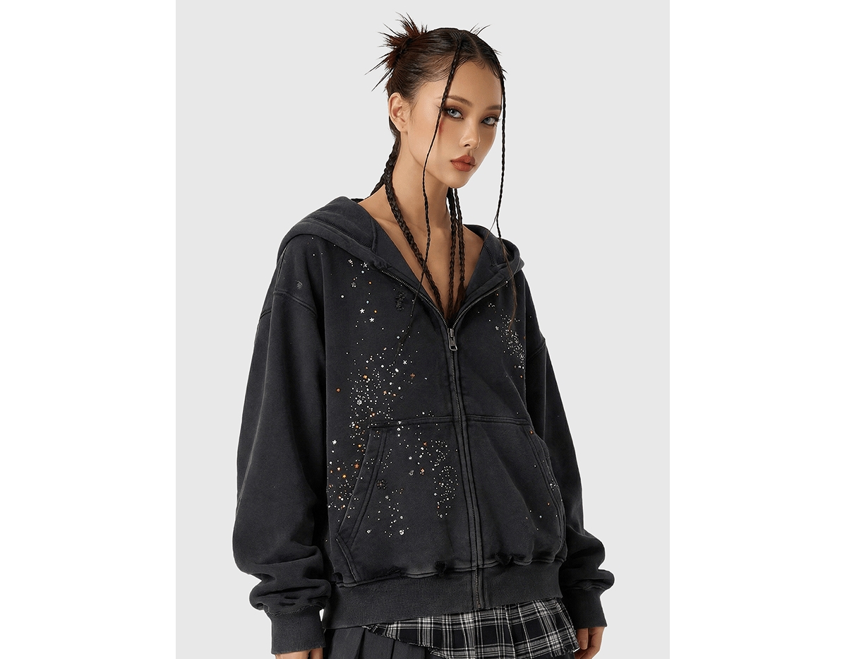 Aelfric Eden Women’s Rhinestone Boxy Zip Up V302 Hoodie – Black Aelfric Eden Women’s Rhinestone Boxy Zip Up V302 Hoodie – Black