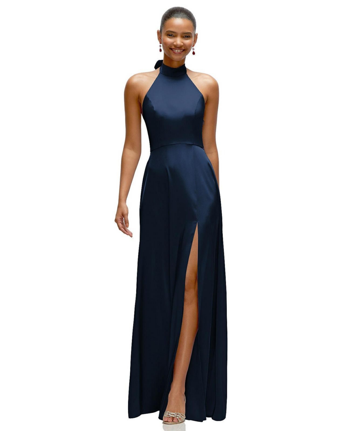 After Six Women’s Band Collar Halter Open Back Fluid Satin Maxi Dress with Self-Tie Bow – Midnight navy After Six Women’s Band Collar Halter Open Back Fluid Satin Maxi Dress with Self-Tie Bow – Midnight navy