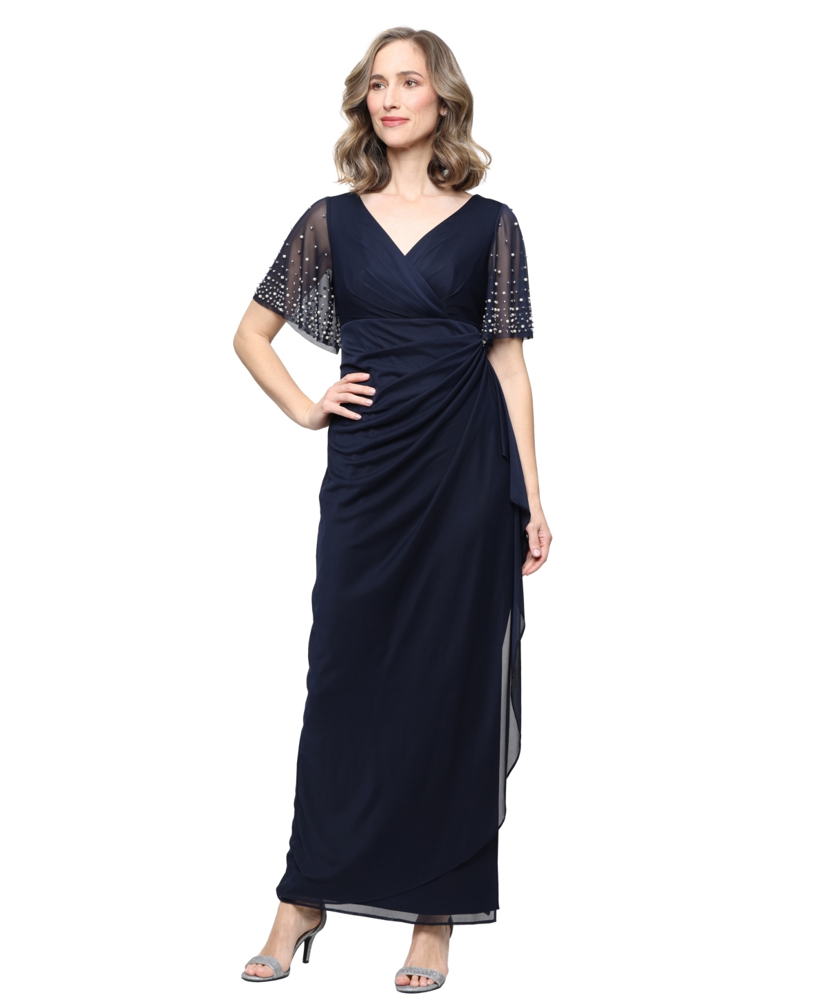 Alex Evenings Women’s Embellished Flutter Sleeve Long Dress – Navy Alex Evenings Women’s Embellished Flutter Sleeve Long Dress – Navy