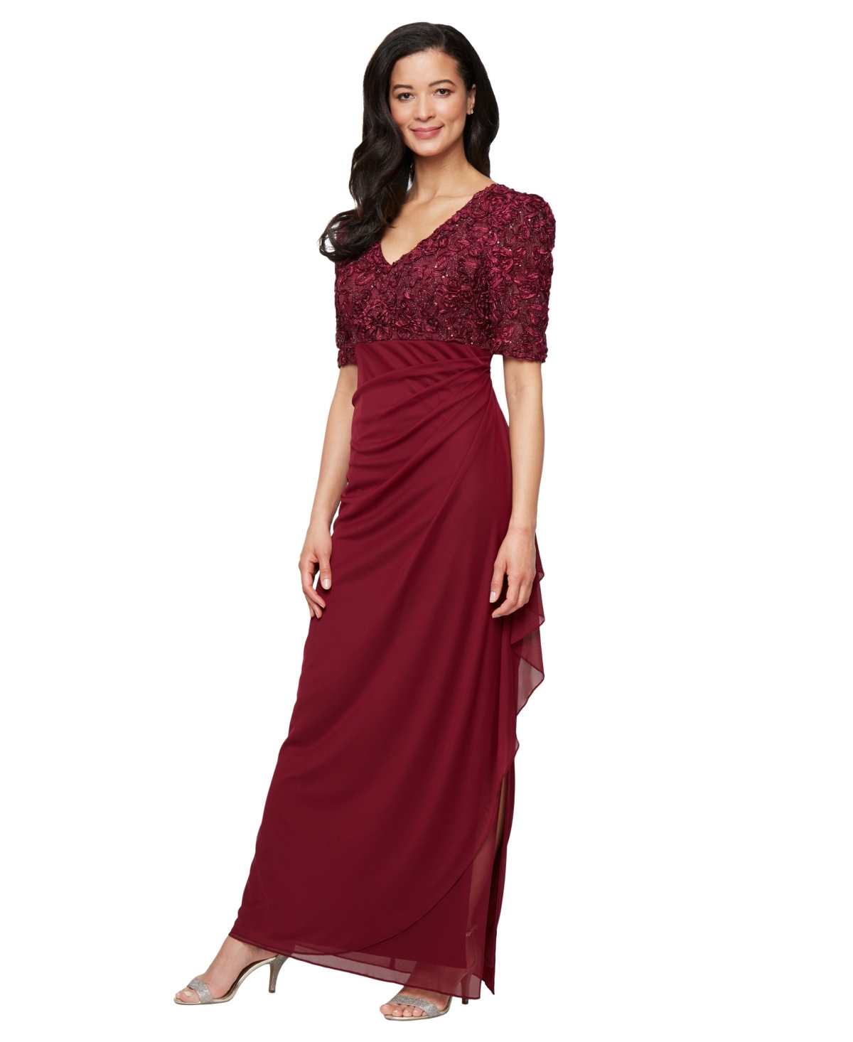 Alex Evenings Women’s Embellished Puff-Sleeve A-Line Dress – Wine