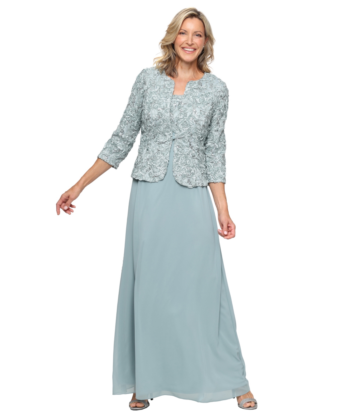 Alex Evenings Women’s Empire Waist Long Open Soutache Jacket Dress – Ice Sage