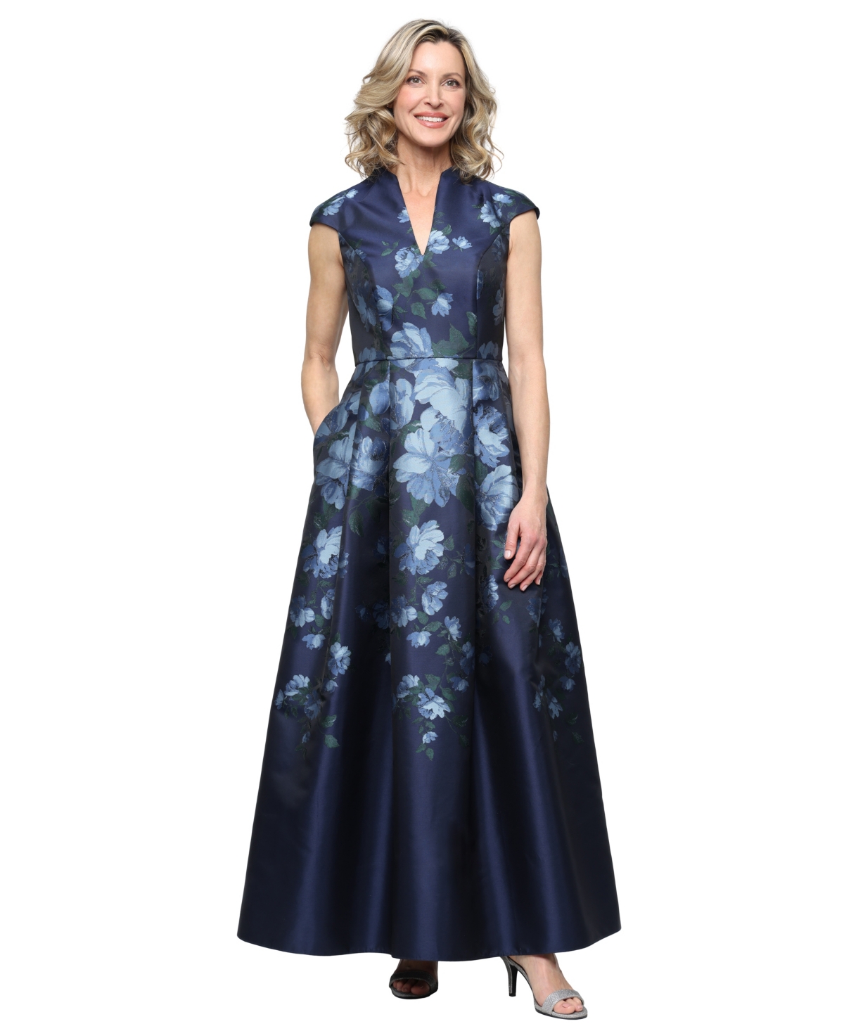 Alex Evenings Women’s Long Jacquard A-Line Dress – Navy Multi