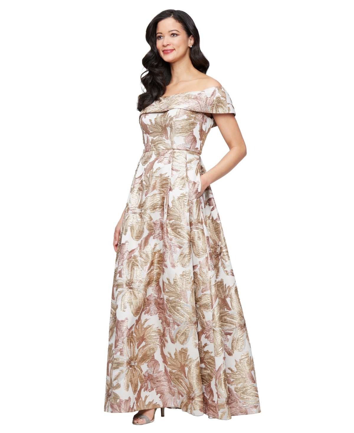 Alex Evenings Women’s Off-the-Shoulder Printed Jacquard Ballgown – Beige Alex Evenings Women’s Off-the-Shoulder Printed Jacquard Ballgown – Beige
