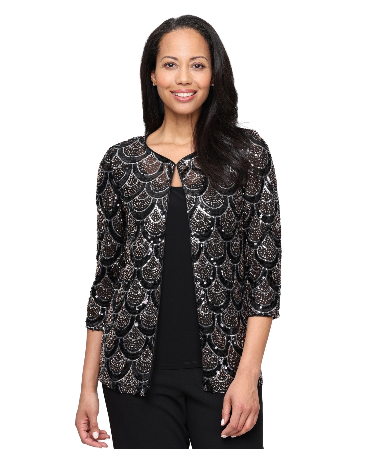 Alex Evenings Women’s Sequin Mock Twinset 3/4-Sleeve Blouse – Black/Copper Alex Evenings Women’s Sequin Mock Twinset 3/4-Sleeve Blouse – Black/Copper