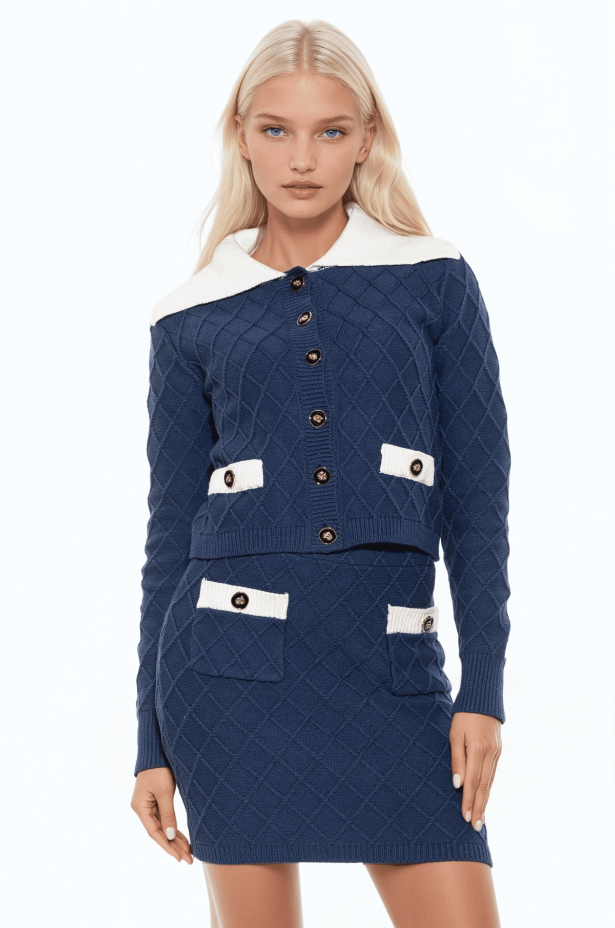 Alexia Admor Women’s Alina Fully Knit Cardigan with Contrast Collar – Denim blue Alexia Admor Women’s Alina Fully Knit Cardigan with Contrast Collar – Denim blue