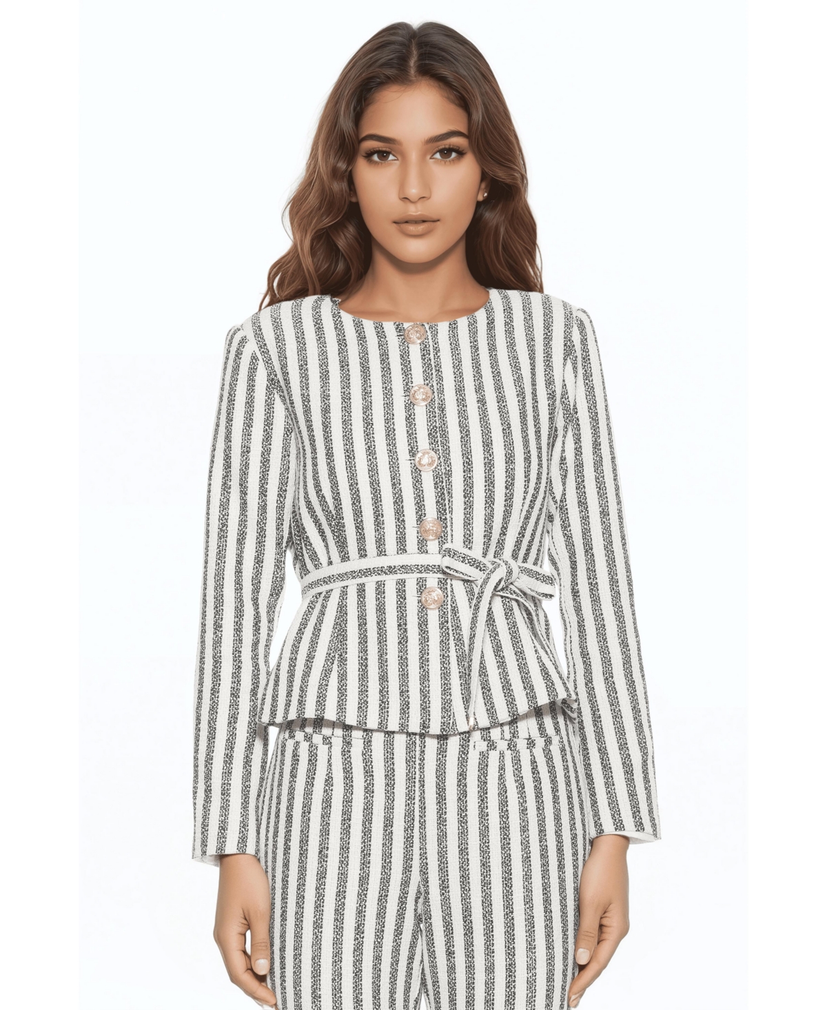 Alexia Admor Women’s Arjun Striped Long Sleeve Scoop Neck Sweater Jacket – Navy stripe
