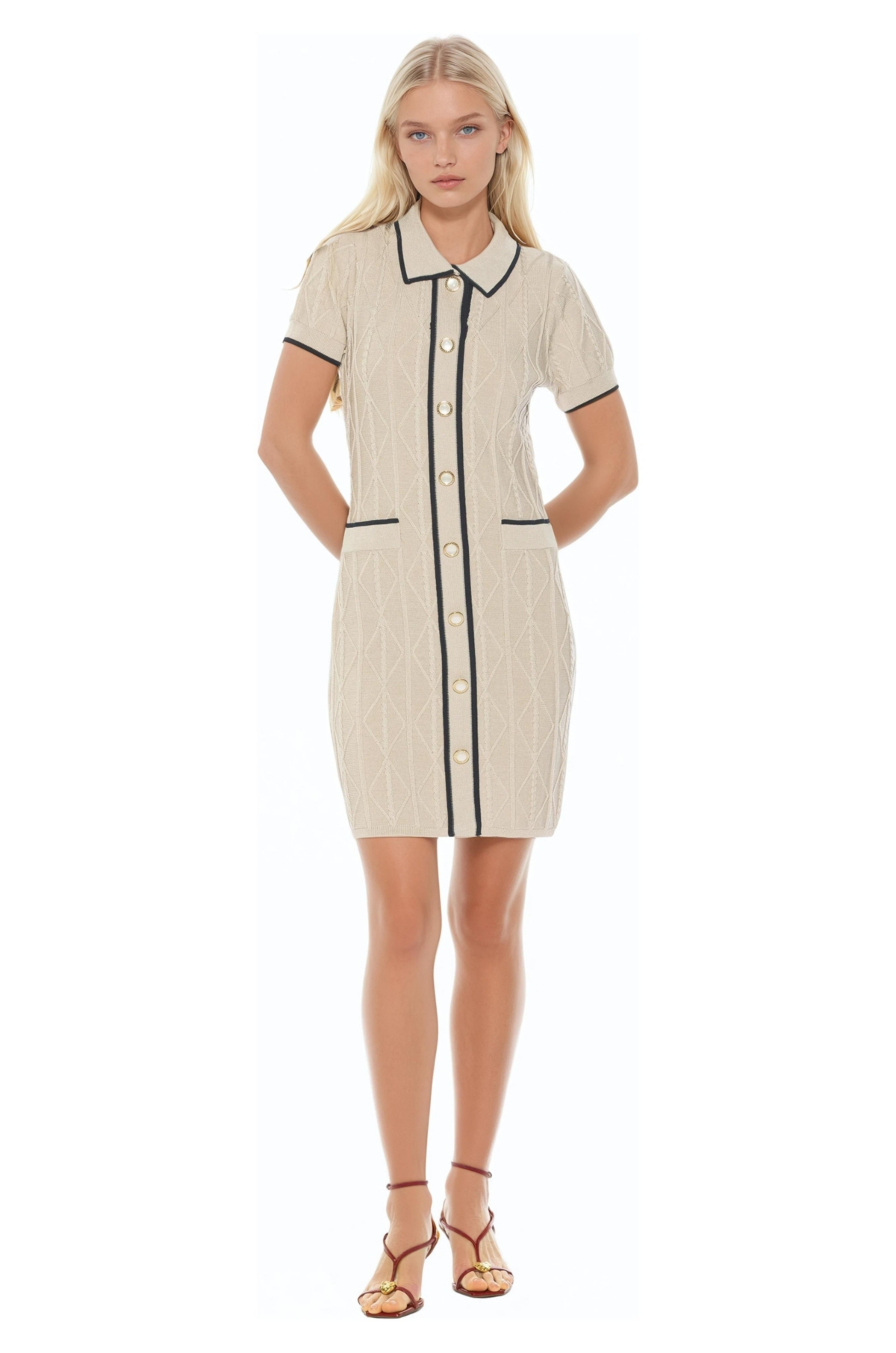 Alexia Admor Women’s Cove Collared Button Down Contrast Knit Dress – Ivory