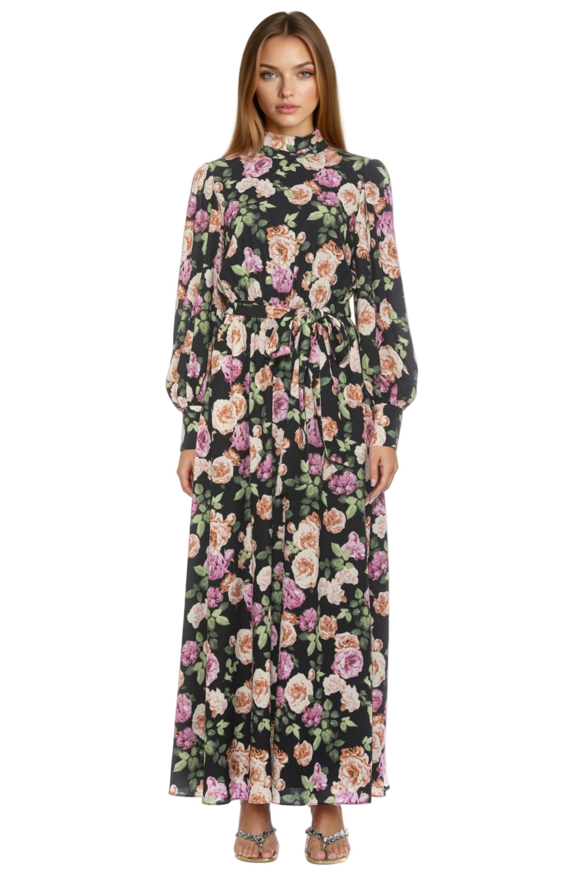 Alexia Admor Women’s Isaliah Mockneck Blouson Sleeve Maxi Dress – Black multi