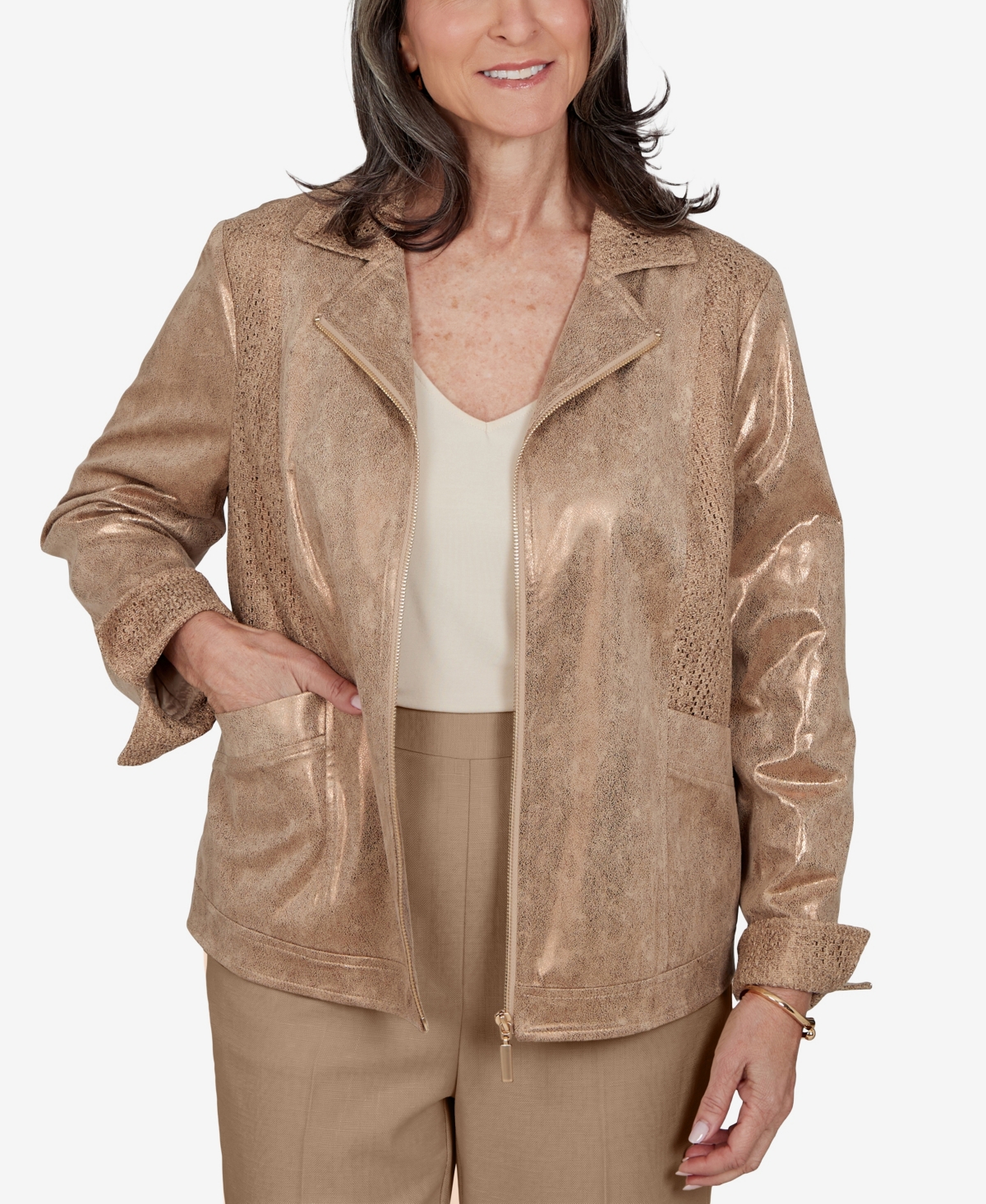 Alfred Dunner Women’s Collared 3/4-Sleeve Zipper-Front Jacket – Pecan Alfred Dunner Women’s Collared 3/4-Sleeve Zipper-Front Jacket – Pecan