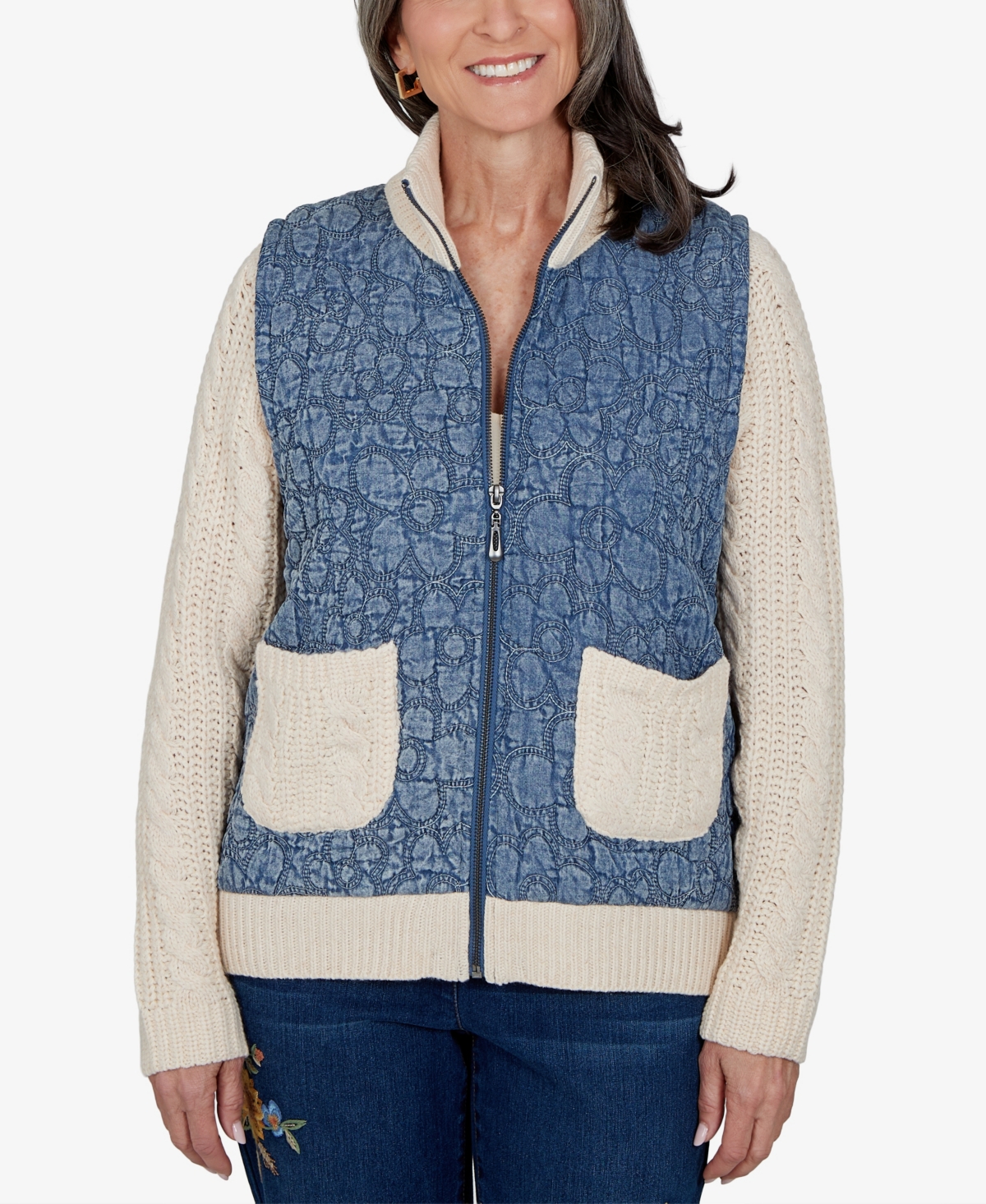 Alfred Dunner Women’s Quilted Cable-Knit Mock Neck Jacket – Blue Alfred Dunner Women’s Quilted Cable-Knit Mock Neck Jacket – Blue