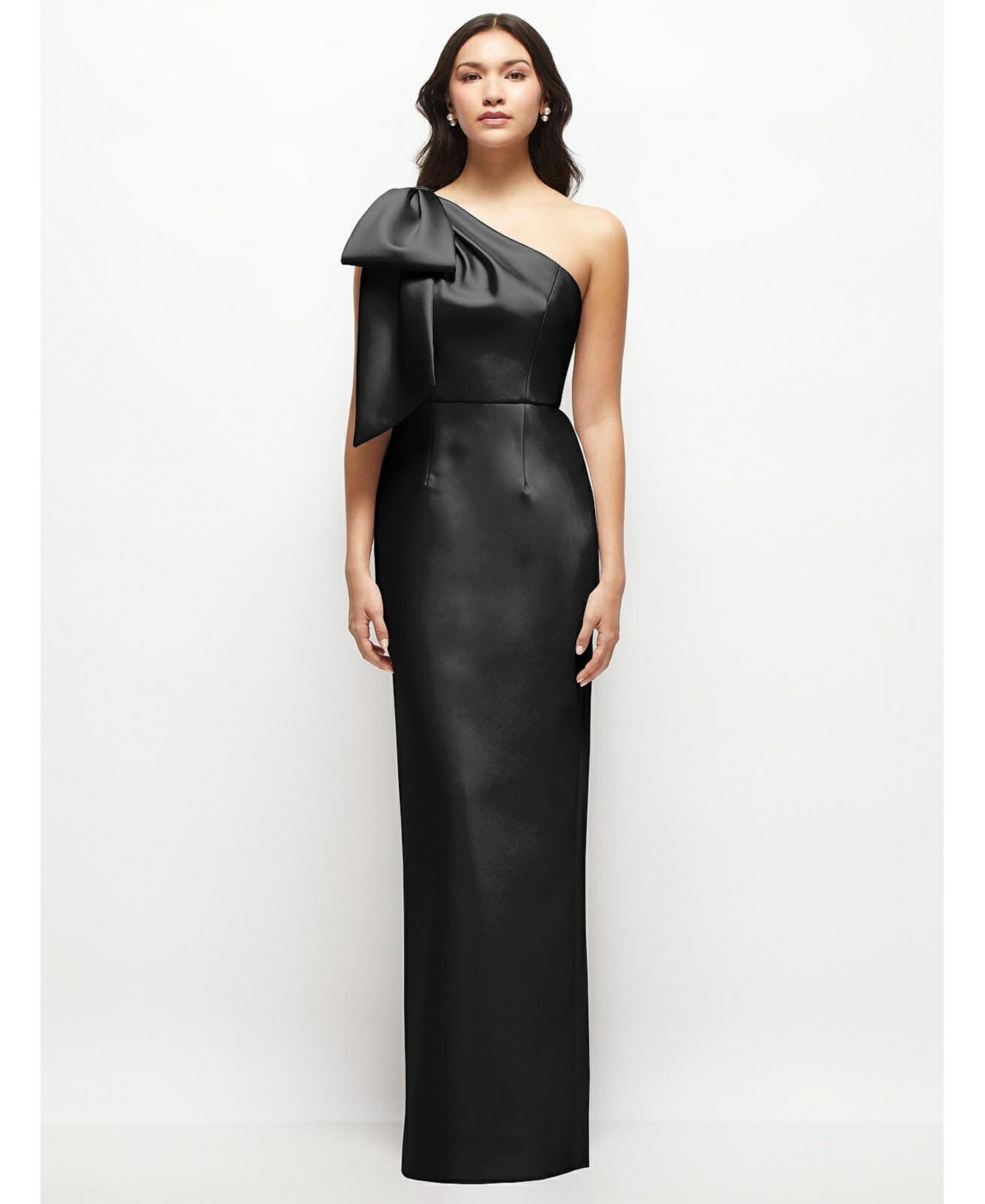 Alfred Sung Women’s Oversized Bow One-Shoulder Satin Column Maxi Dress – Black Alfred Sung Women’s Oversized Bow One-Shoulder Satin Column Maxi Dress – Black