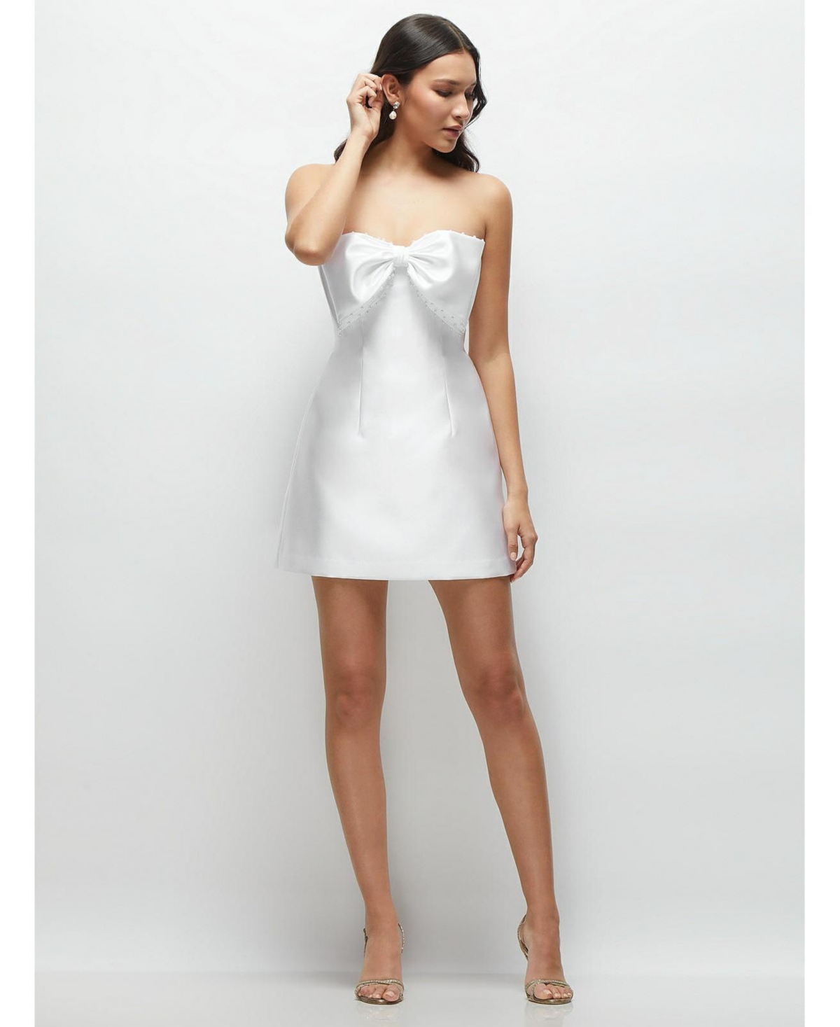 Alfred Sung Women’s Oversized Bow Strapless Little White Mini Dress with Pearl Accents – White