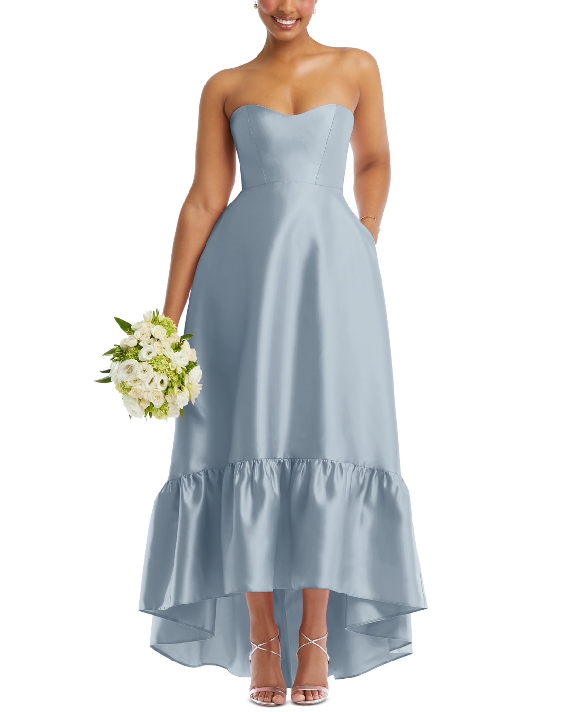 Alfred Sung Women’s Strapless Deep Ruffle Hem Satin High Low Dress with Pockets – Mist Alfred Sung Women’s Strapless Deep Ruffle Hem Satin High Low Dress with Pockets – Mist