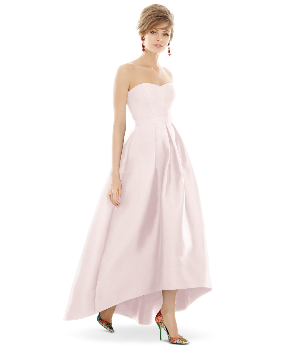 Alfred Sung Women’s Strapless Satin High Low Dress with Pockets – Blush Alfred Sung Women’s Strapless Satin High Low Dress with Pockets – Blush