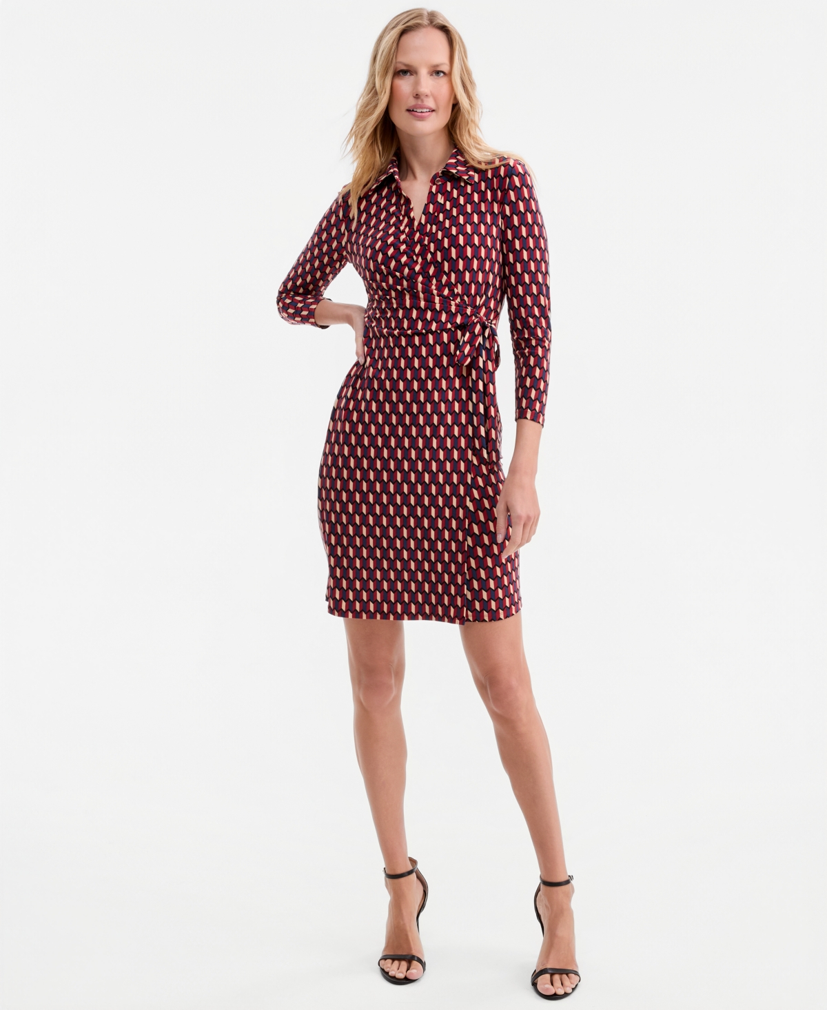 Anne Klein Petite Women’s Collared Faux-Wrap Mini Dress – Rust Multi