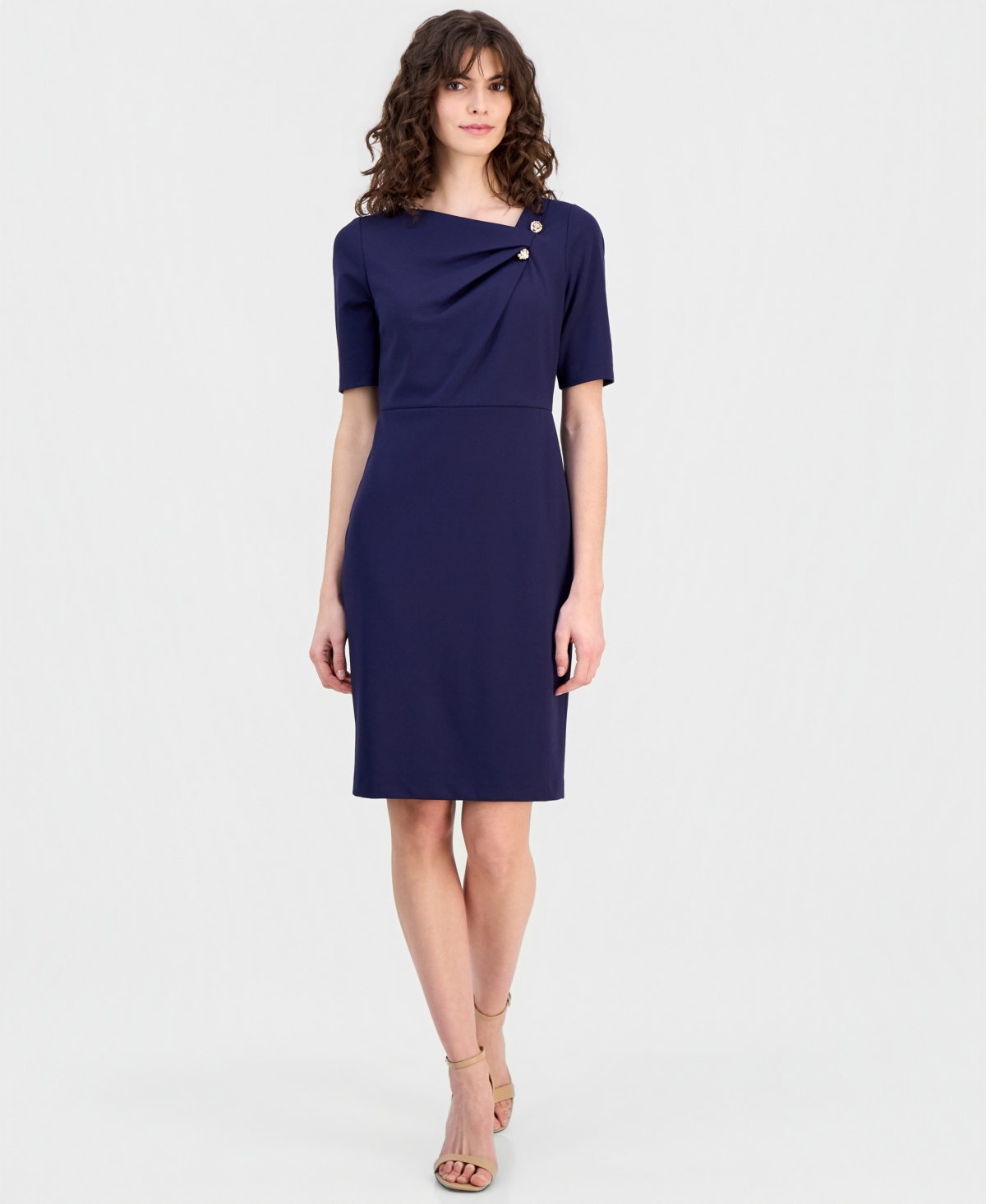 Anne Klein Women’s Asymmetric-Neck Elbow-Sleeve Dress – DEEP NAVY Anne Klein Women’s Asymmetric-Neck Elbow-Sleeve Dress – DEEP NAVY