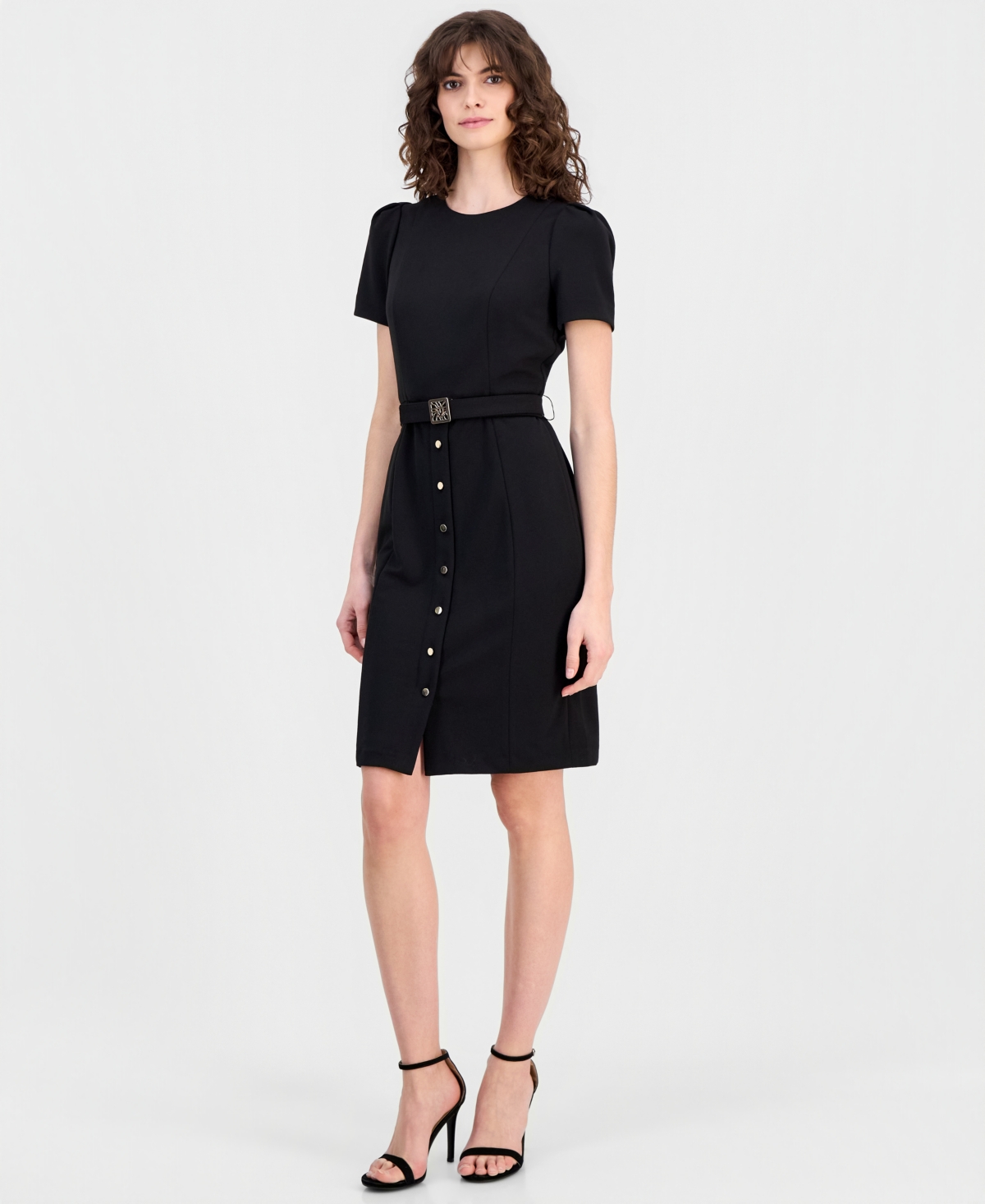Anne Klein Women’s Belted Puff-Sleeve Sheath Dress – ANNE BLACK