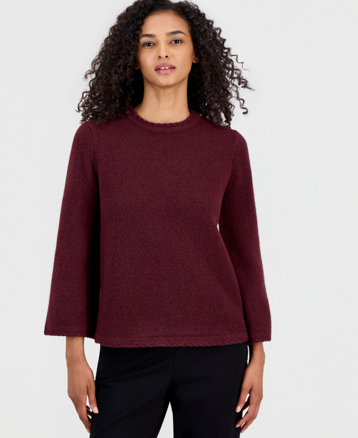 Anne Klein Women’s Braided-Trim Long-Bell-Sleeve Sweater – Barolo Anne Klein Women’s Braided-Trim Long-Bell-Sleeve Sweater – Barolo