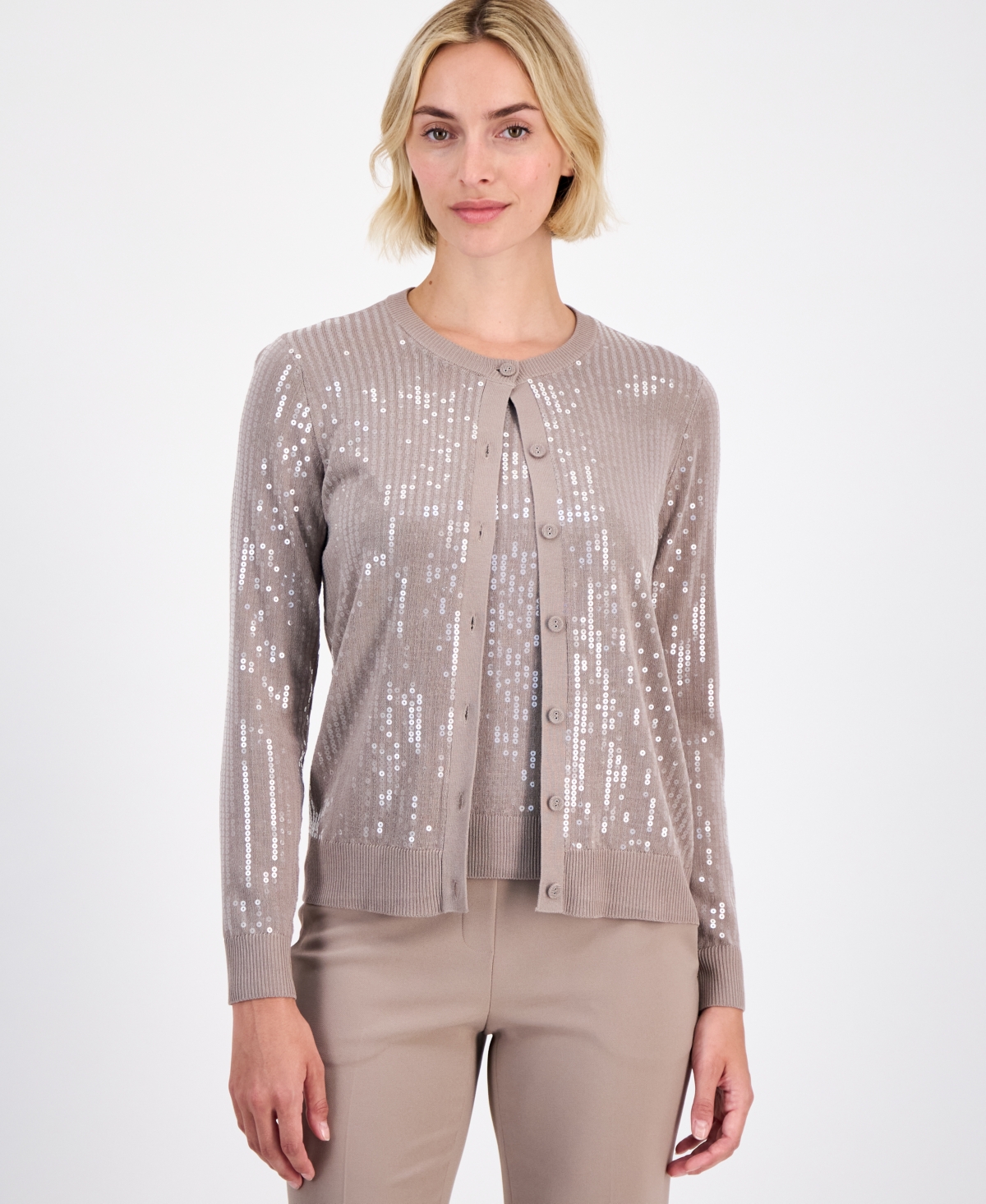 Anne Klein Women’s Button-Front Sequin Cardigan – Natural Clay