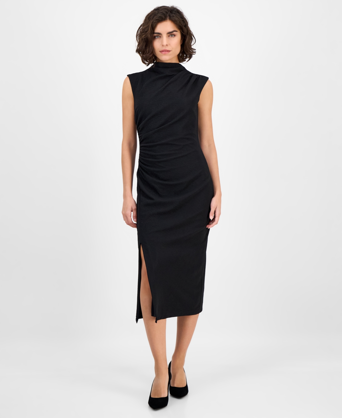 Anne Klein Women’s Drape-Front Textured Knit Midi Dress – Anne Black Anne Klein Women’s Drape-Front Textured Knit Midi Dress – Anne Black
