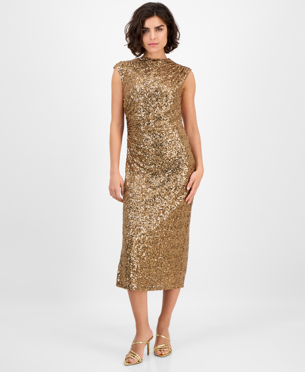 Anne Klein Women’s Drape-Neck Sleeveless Sequin Dress – Gold Anne Klein Women’s Drape-Neck Sleeveless Sequin Dress – Gold