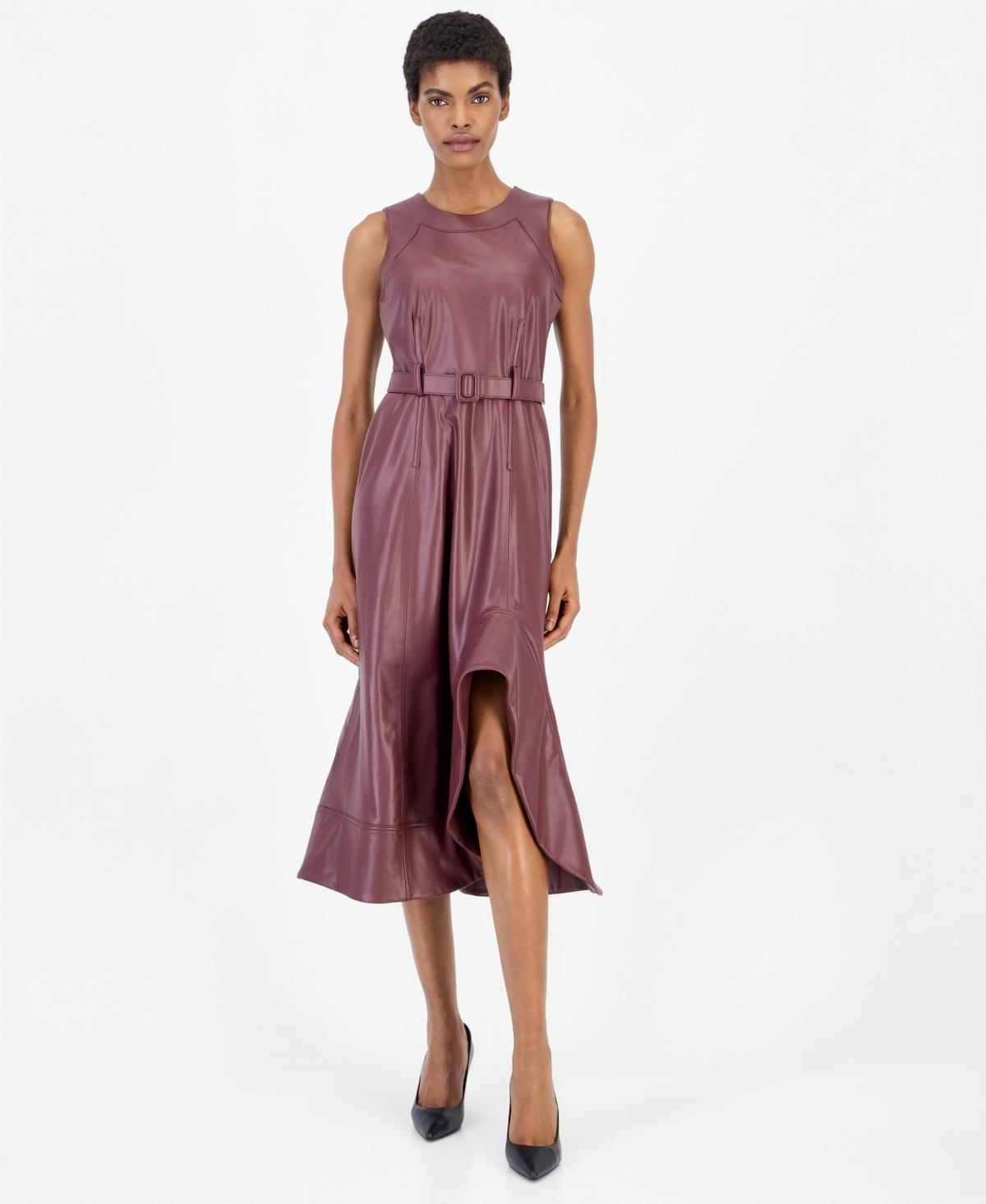 Anne Klein Women’s Faux Leather Asymmetrical A-Line Dress – Barolo Anne Klein Women’s Faux Leather Asymmetrical A-Line Dress – Barolo
