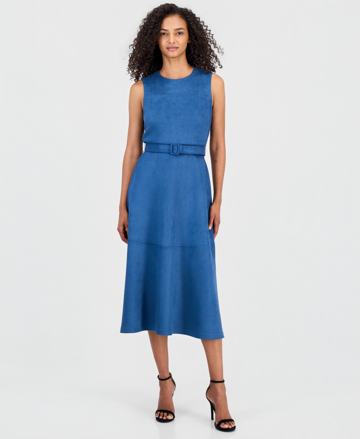 Anne Klein Women’s Faux-Suede A-Line Midi Dress – Dark Dutch Blue