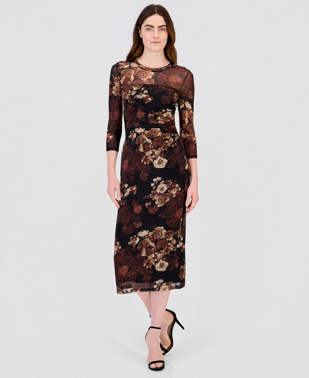 Anne Klein Women’s Floral-Print Mesh Side-Ruched Midi Dress – DP MAGHGNY MLT