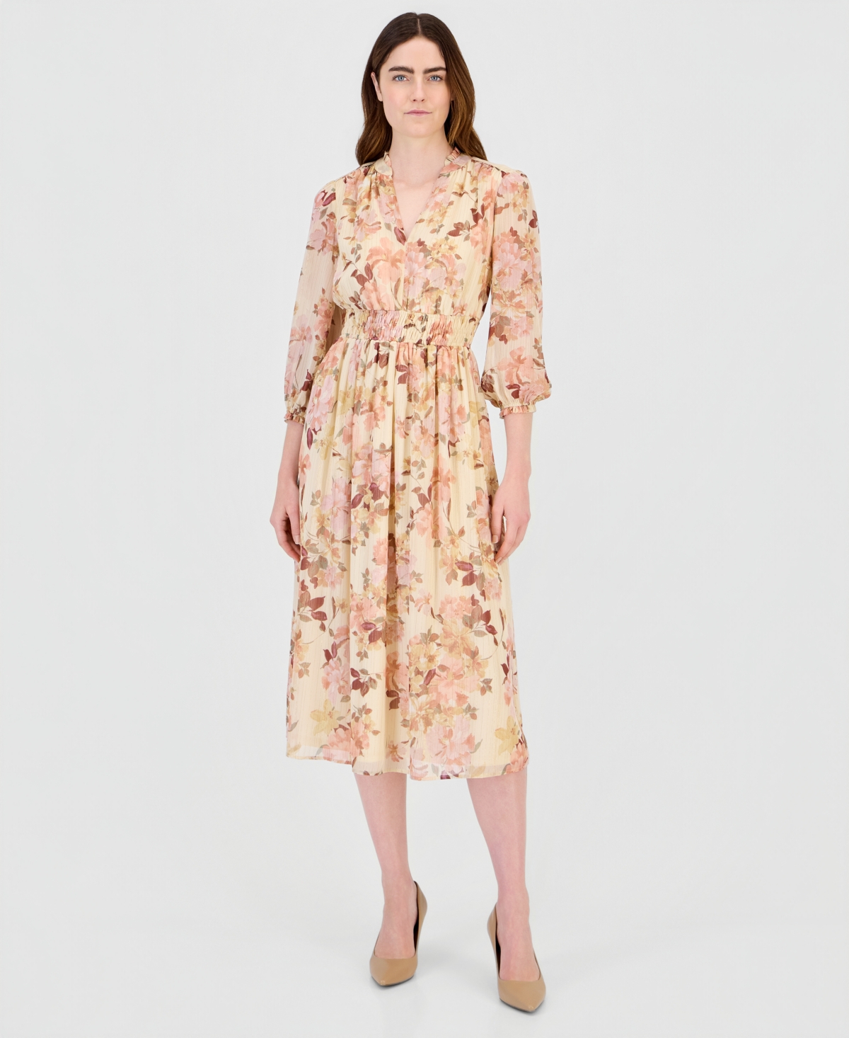 Anne Klein Women’s Floral Smocked Waist Ruffle-Trim Midi Dress – MACADAMIA MULTI Anne Klein Women’s Floral Smocked Waist Ruffle-Trim Midi Dress – MACADAMIA MULTI