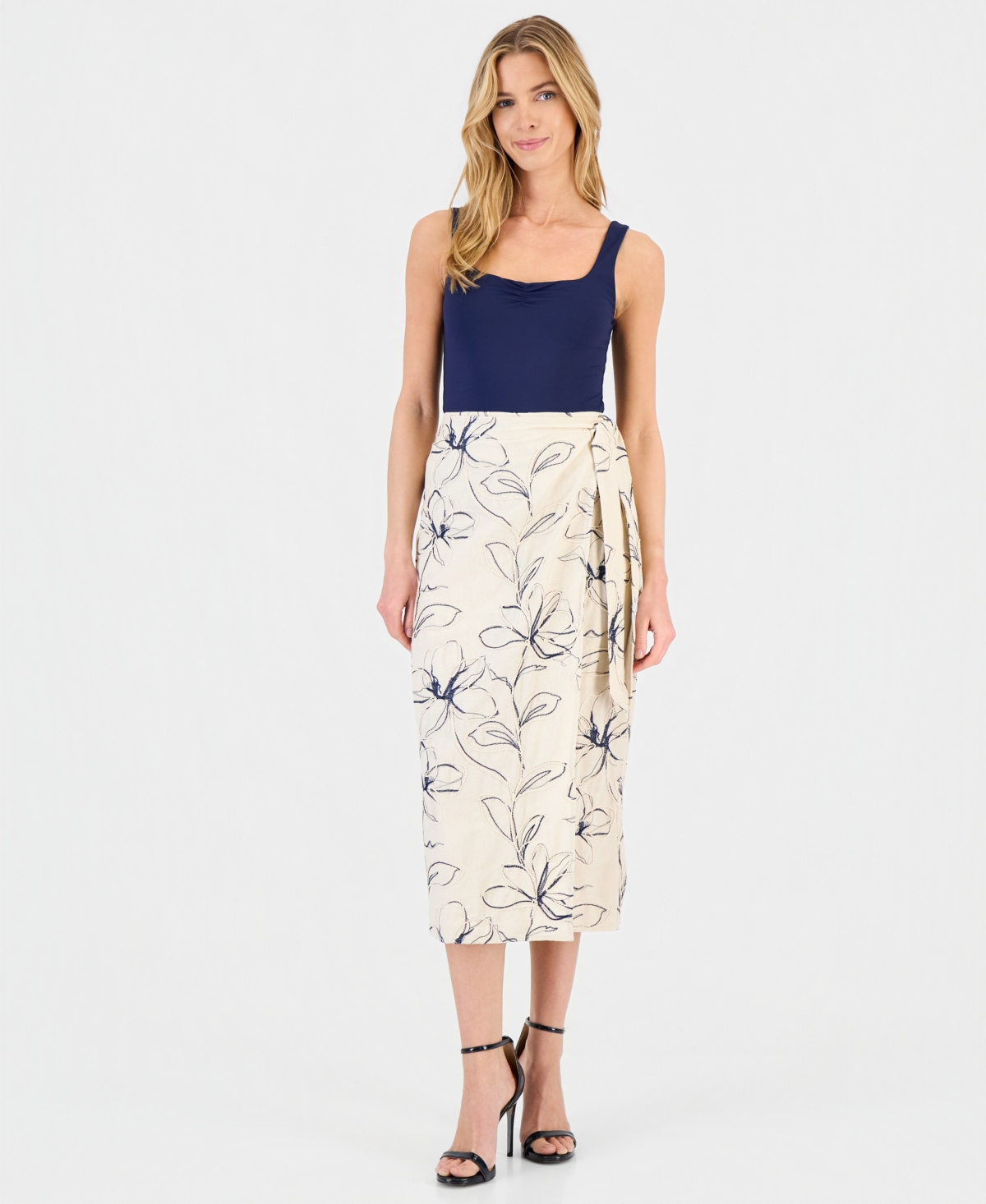 Anne Klein Women’s Linen-Blend Embroidered Faux-Wrap Midi Skirt – Natural Grain Multi Anne Klein Women’s Linen-Blend Embroidered Faux-Wrap Midi Skirt – Natural Grain Multi
