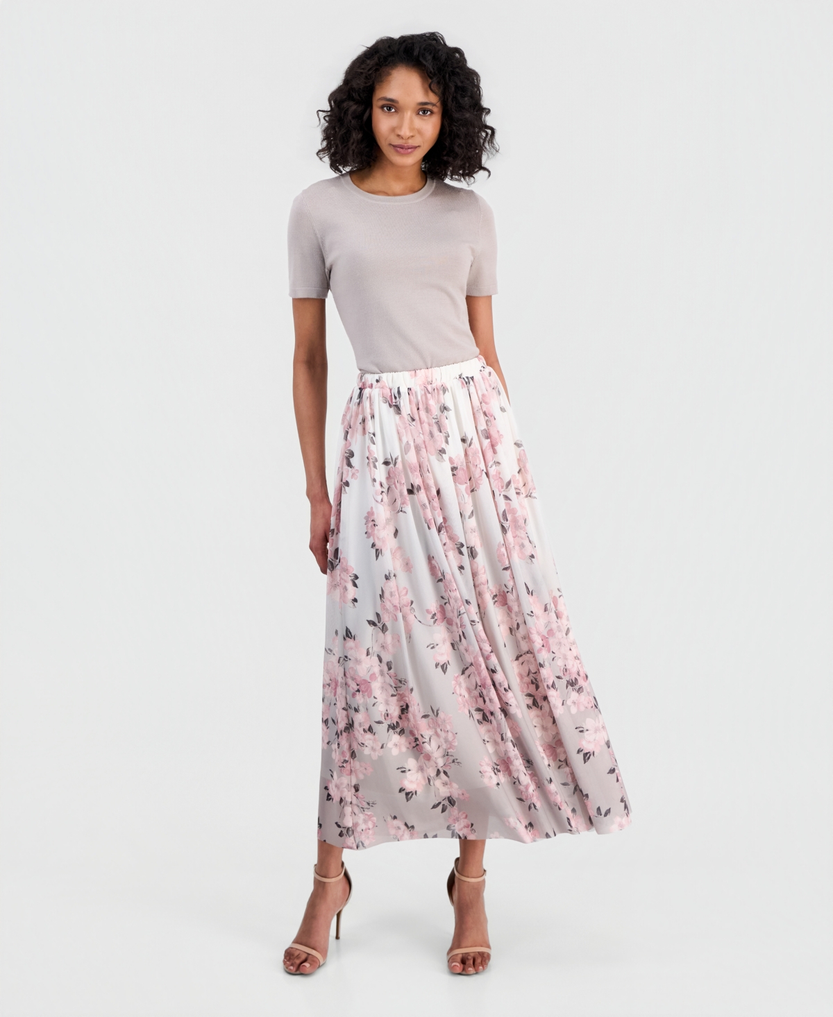 Anne Klein Women’s Mesh Pull-On Floral Maxi Skirt – White Dove Multi