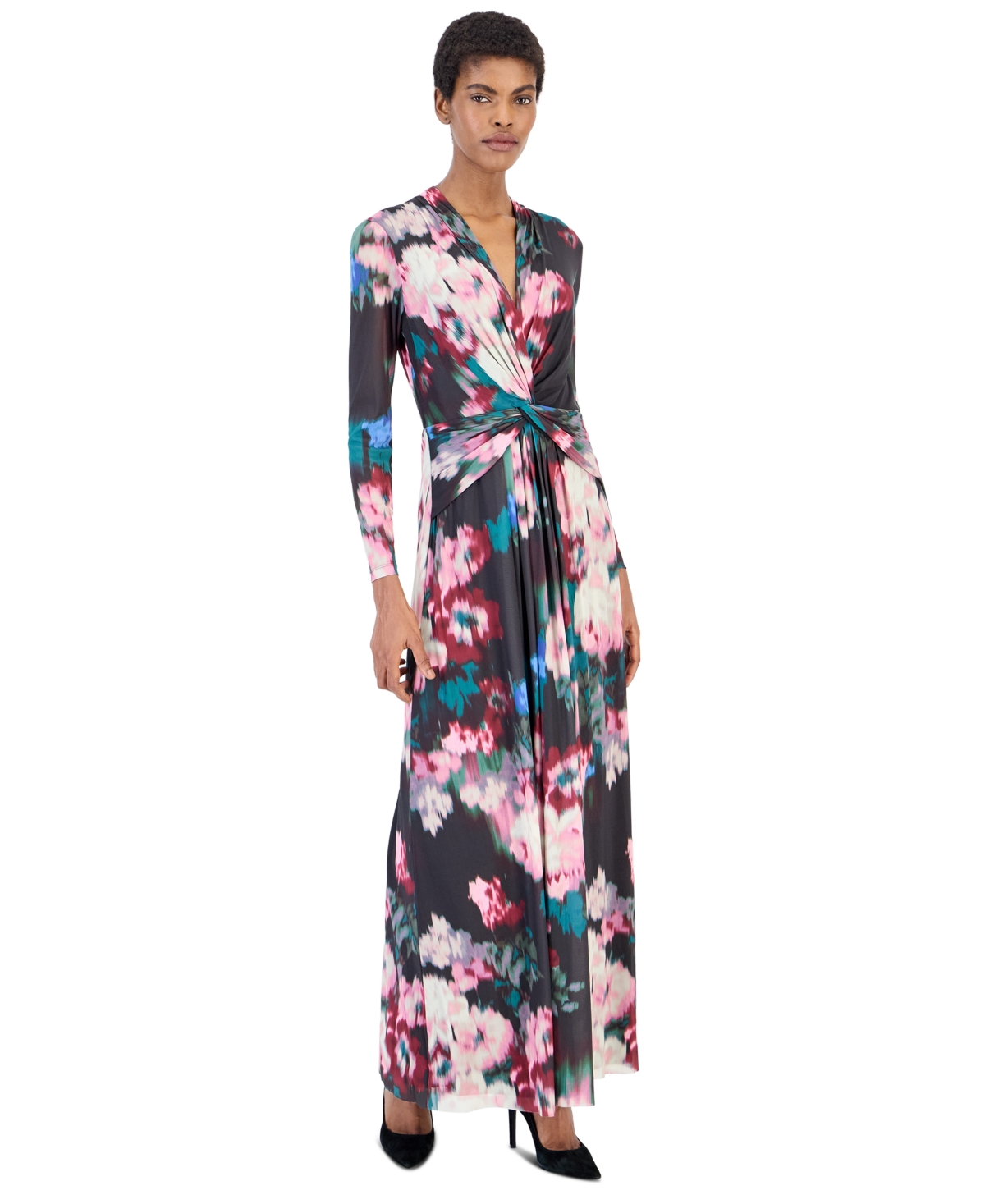 Anne Klein Women’s Petite Mesh Twist Front Floral Long-Sleeve Maxi Dress – Deep Jade